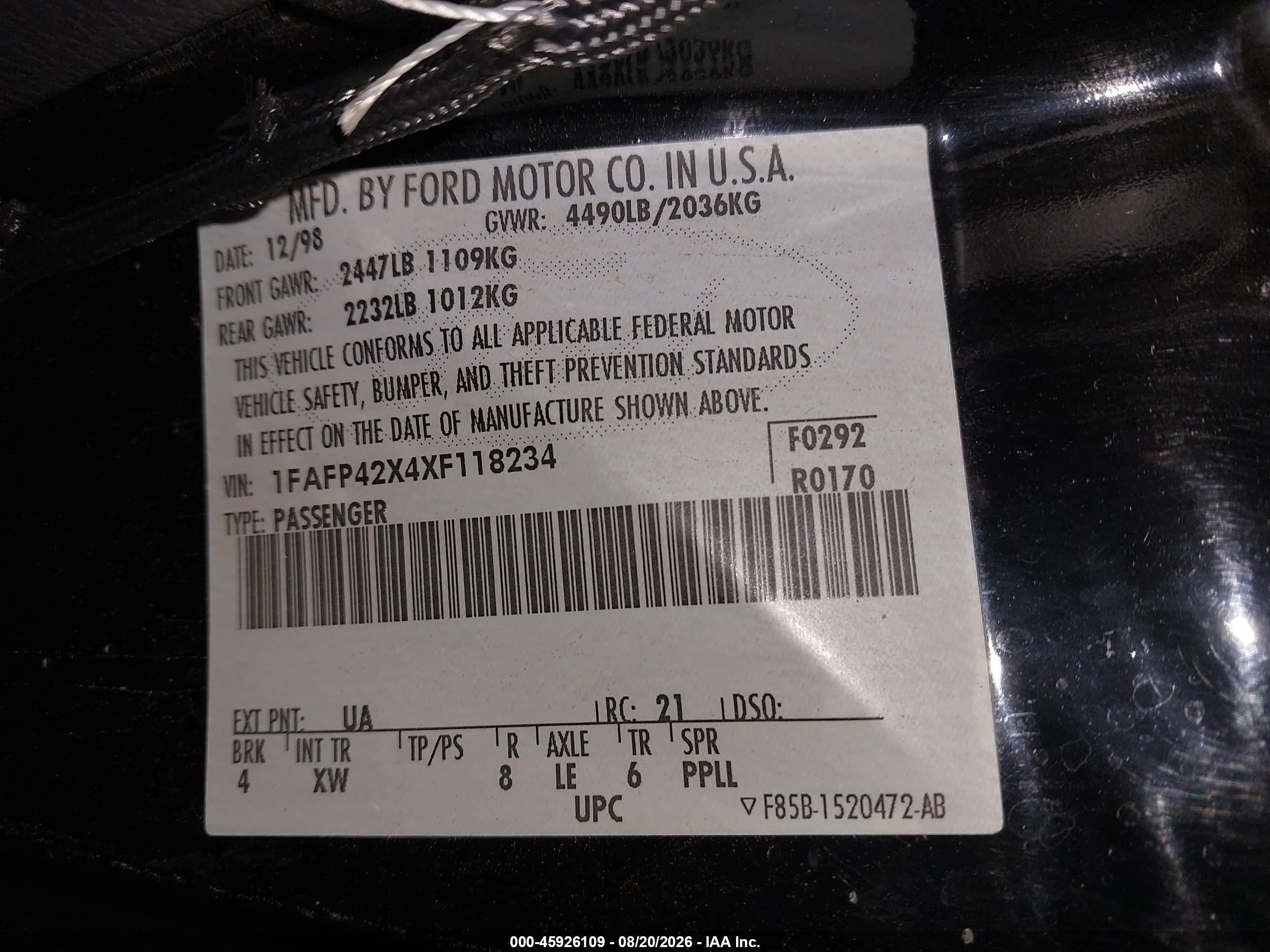 1999 Ford Mustang Gt Black vin: 1FAFP42X4XF118234
