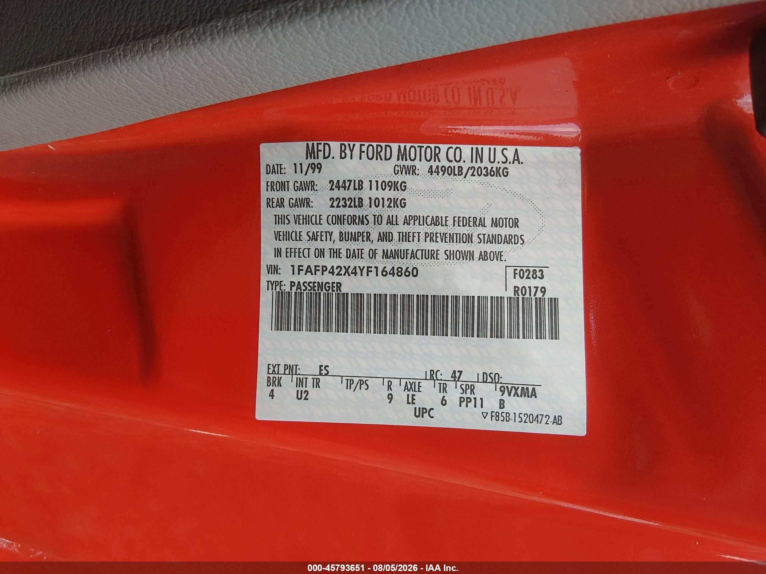 2000 Ford Mustang Gt Red vin: 1FAFP42X4YF164860