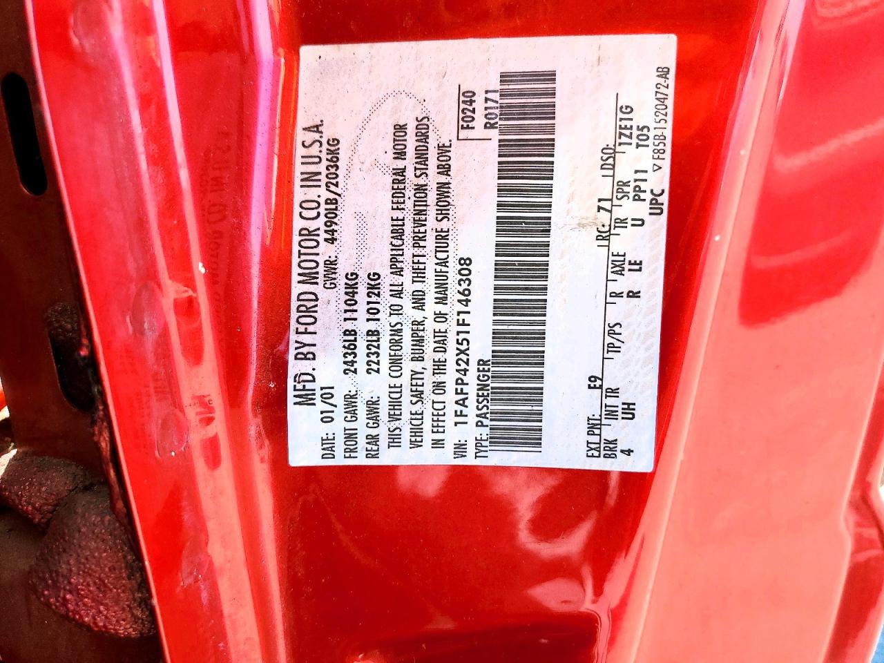 2001 Ford Mustang Gt Red vin: 1FAFP42X51F146308