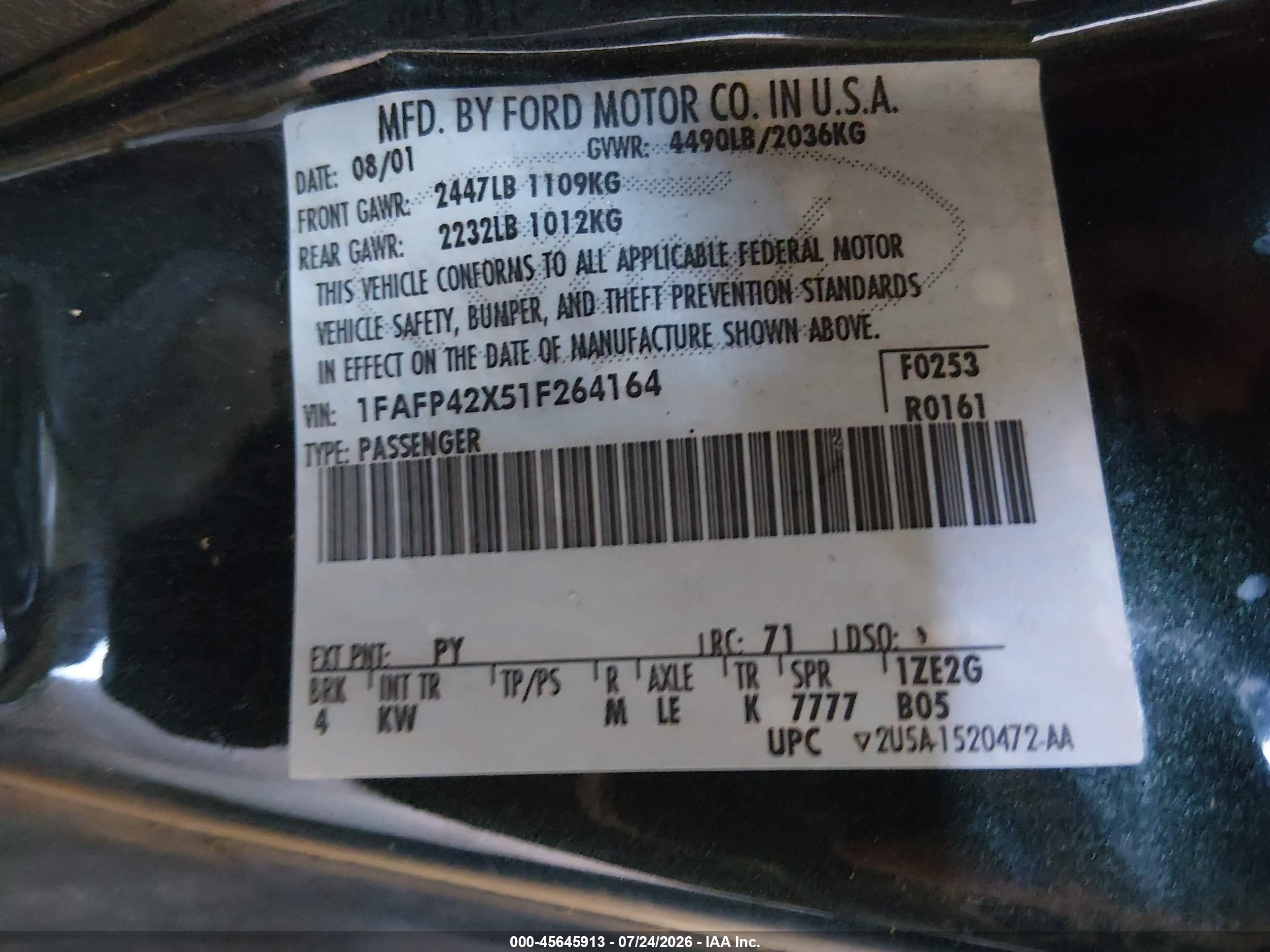 2001 Ford Mustang Gt Green vin: 1FAFP42X51F264164