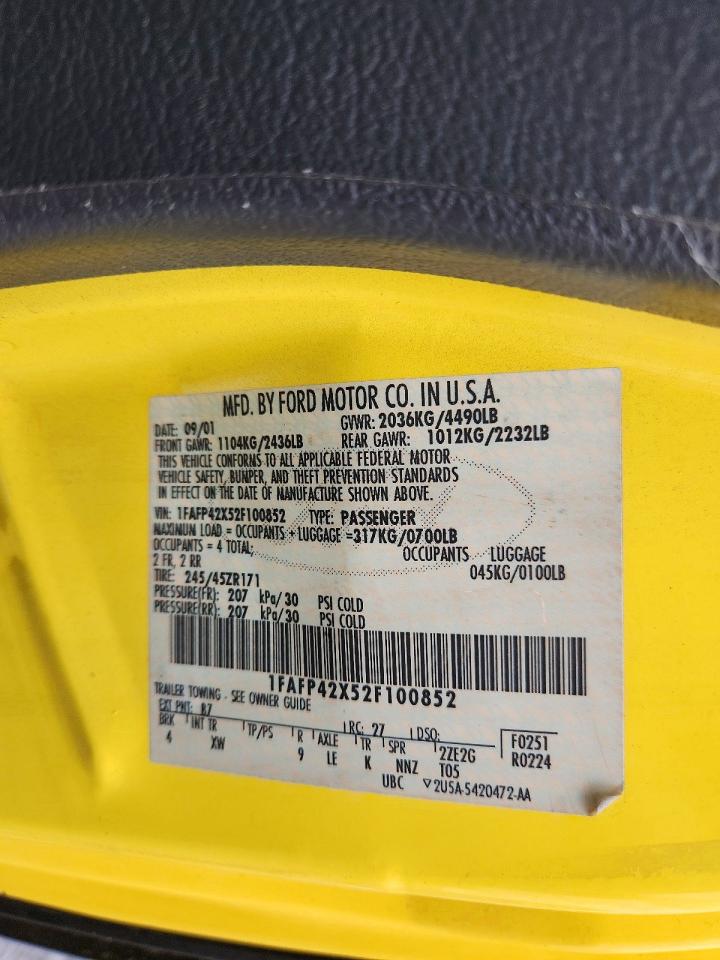 2002 Ford Mustang Gt Yellow vin: 1FAFP42X52F100852