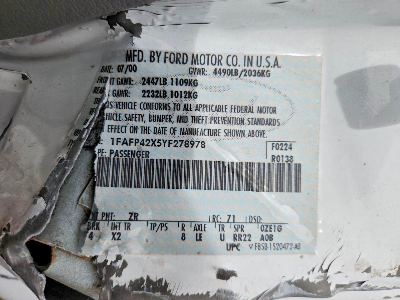 2000 Ford Mustang Gt White vin: 1FAFP42X5YF278978