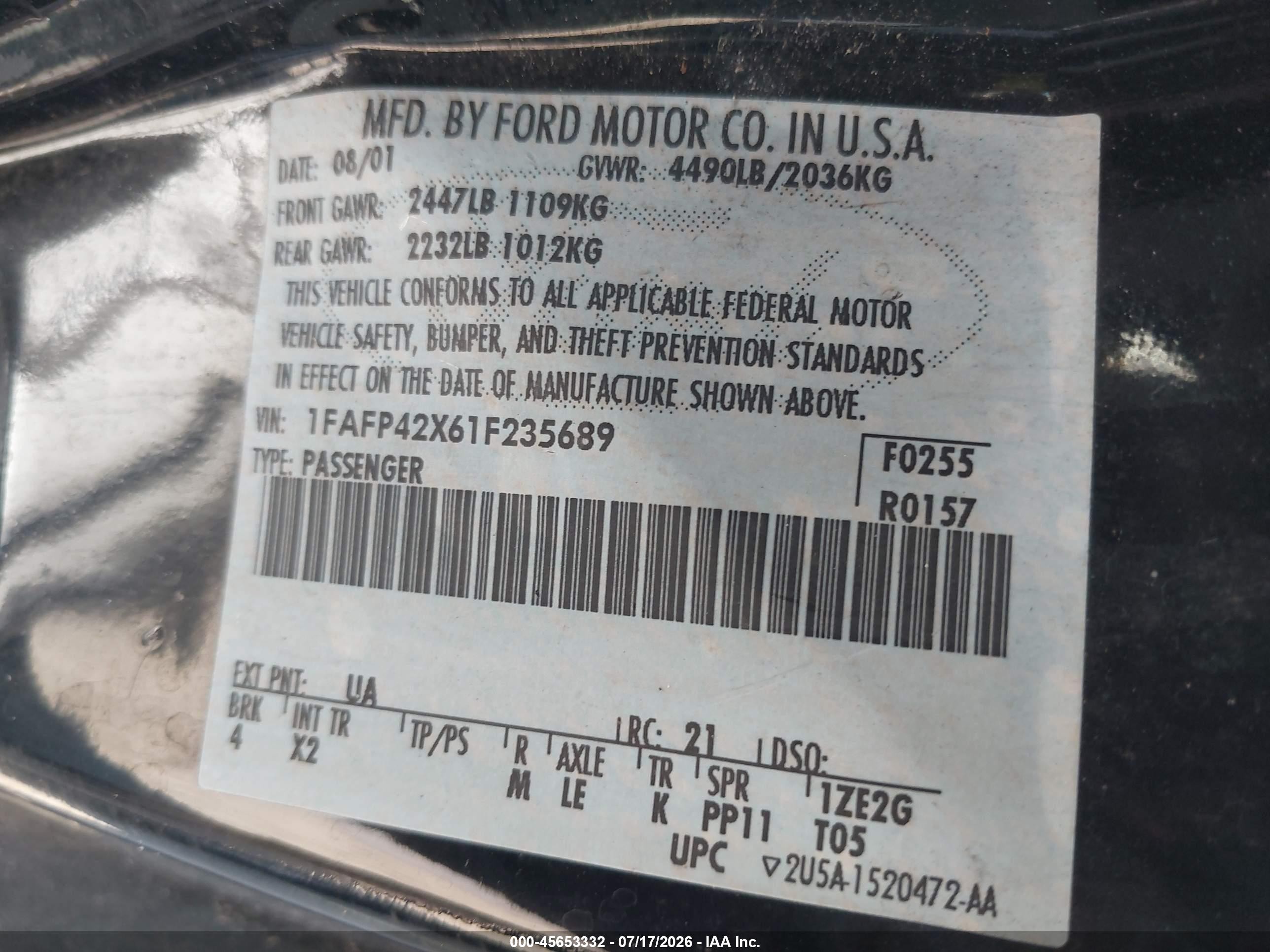2001 Ford Mustang Gt Black vin: 1FAFP42X61F235689