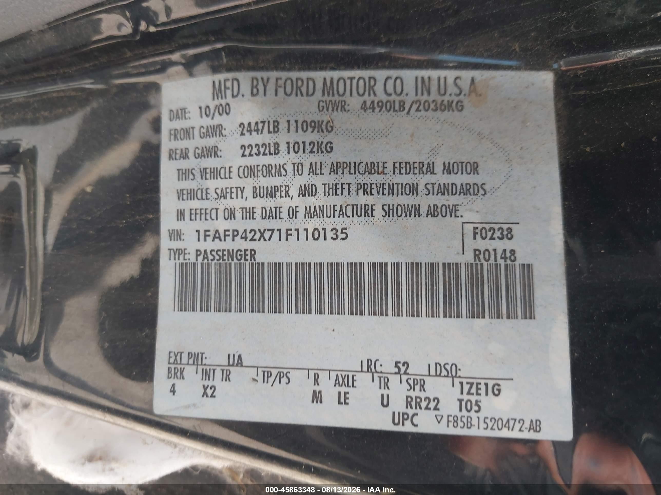 2001 Ford Mustang Gt Black vin: 1FAFP42X71F110135