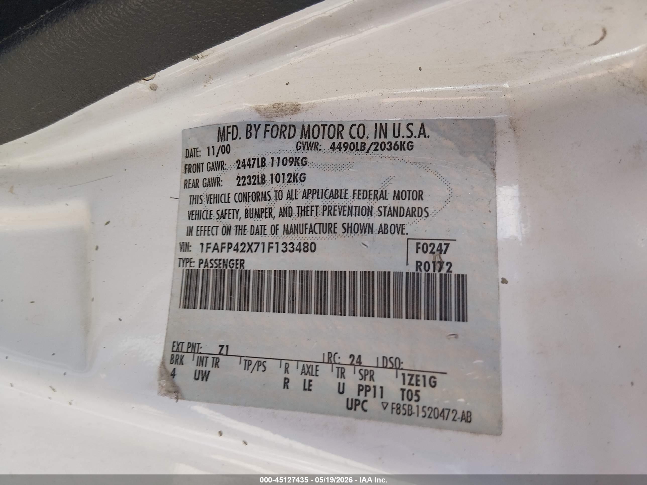 2001 Ford Mustang Gt White vin: 1FAFP42X71F133480