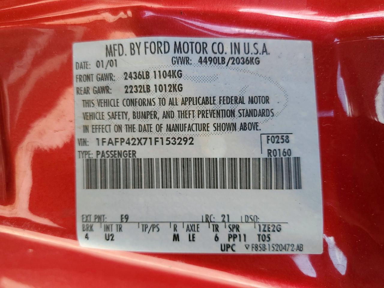 2001 Ford Mustang Gt Красный vin: 1FAFP42X71F153292