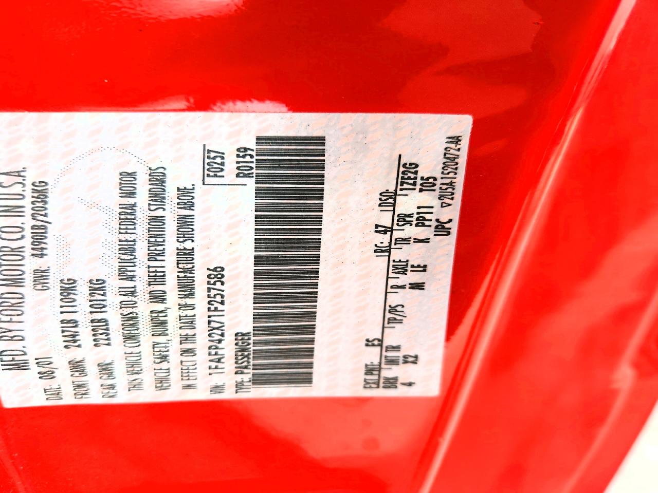 2001 Ford Mustang Gt Red vin: 1FAFP42X71F257586