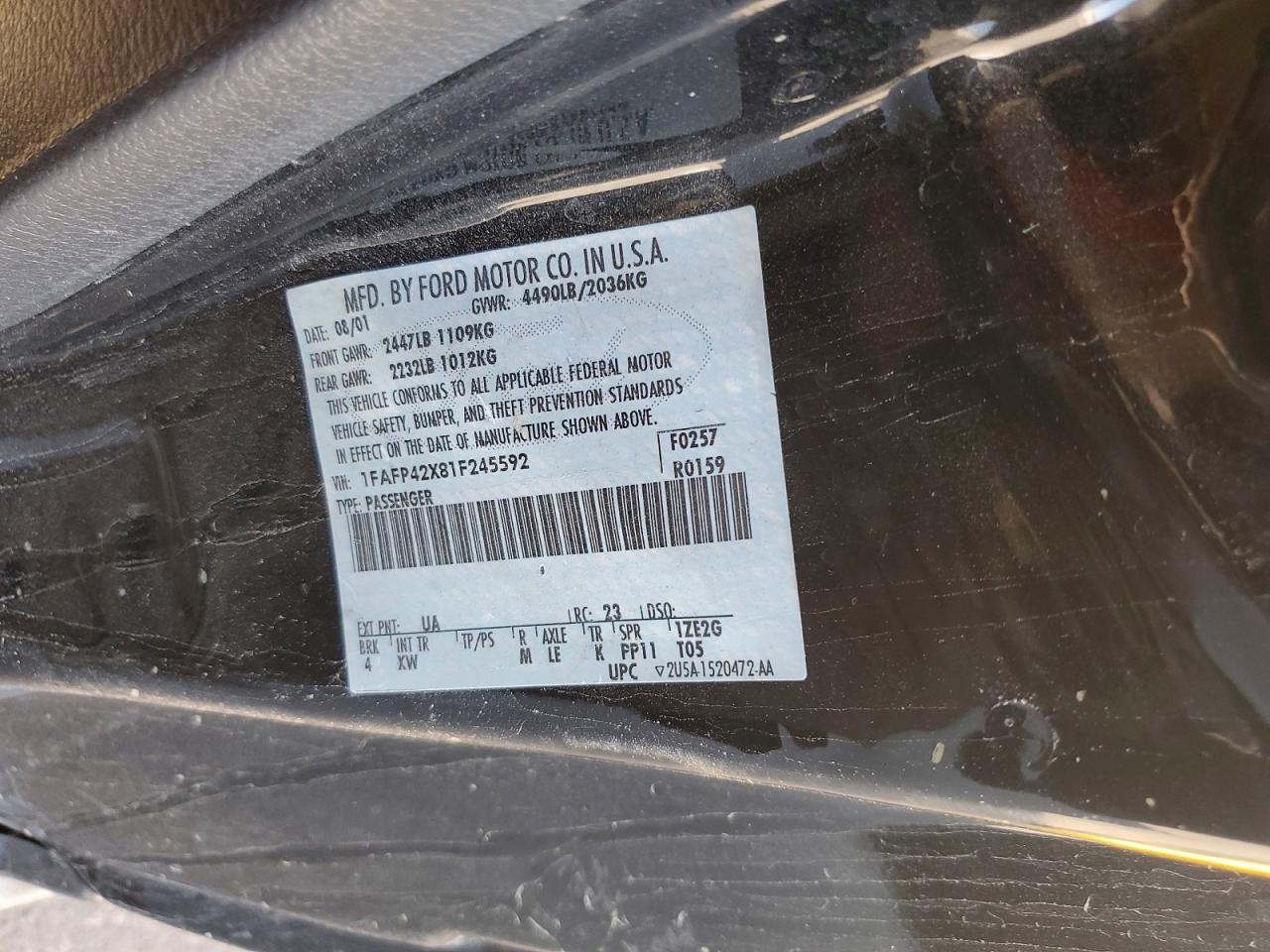 2001 Ford Mustang Gt Black vin: 1FAFP42X81F245592