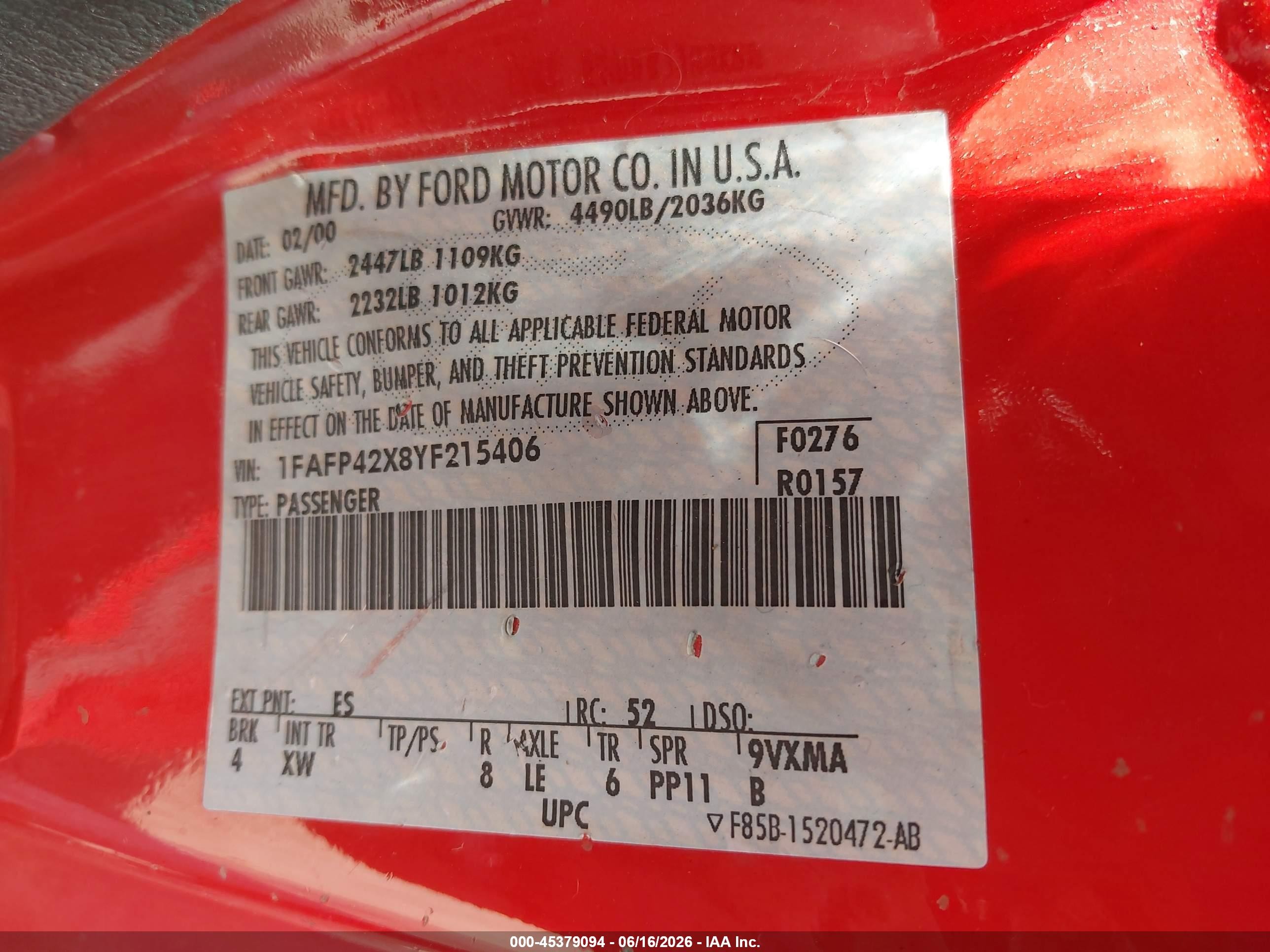 2000 Ford Mustang Gt Red vin: 1FAFP42X8YF215406