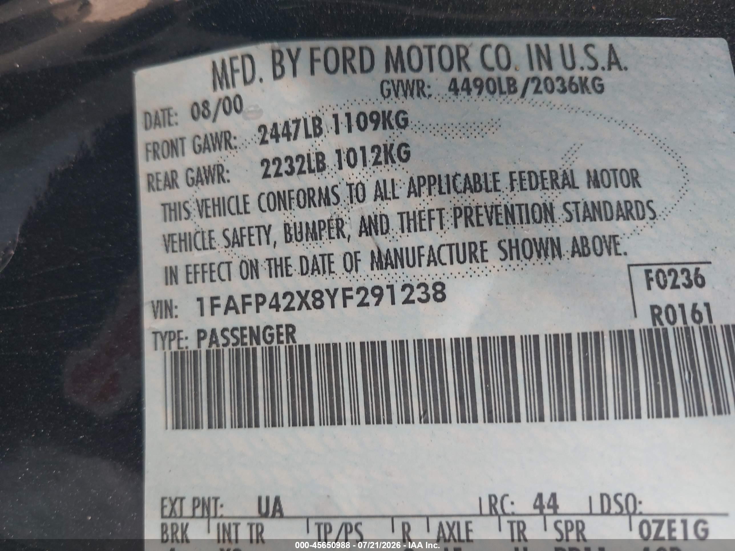 2000 Ford Mustang Gt Black vin: 1FAFP42X8YF291238