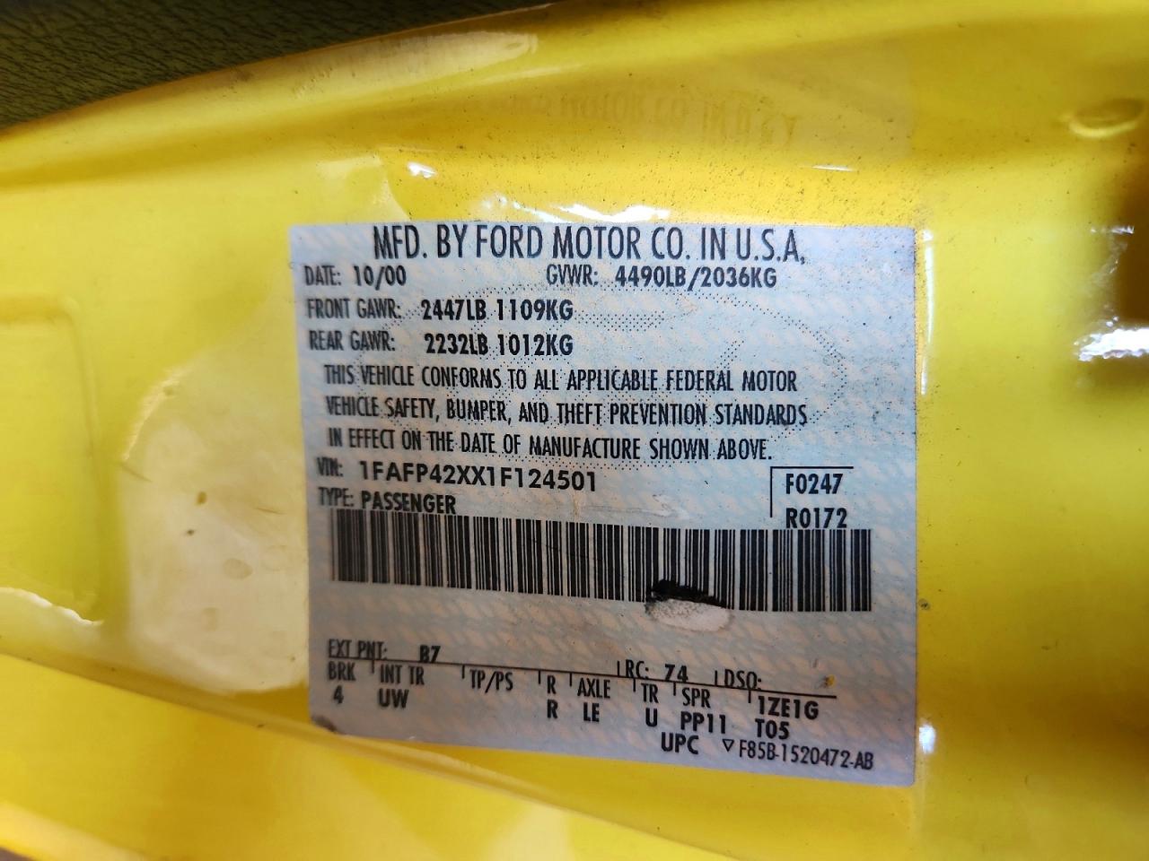 2001 Ford Mustang Gt Yellow vin: 1FAFP42XX1F124501