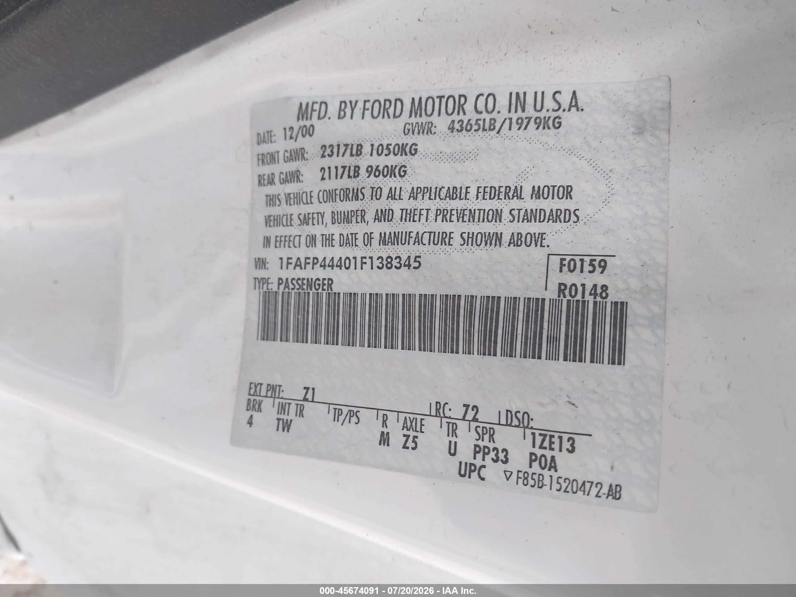 2001 Ford Mustang   White vin: 1FAFP44401F138345