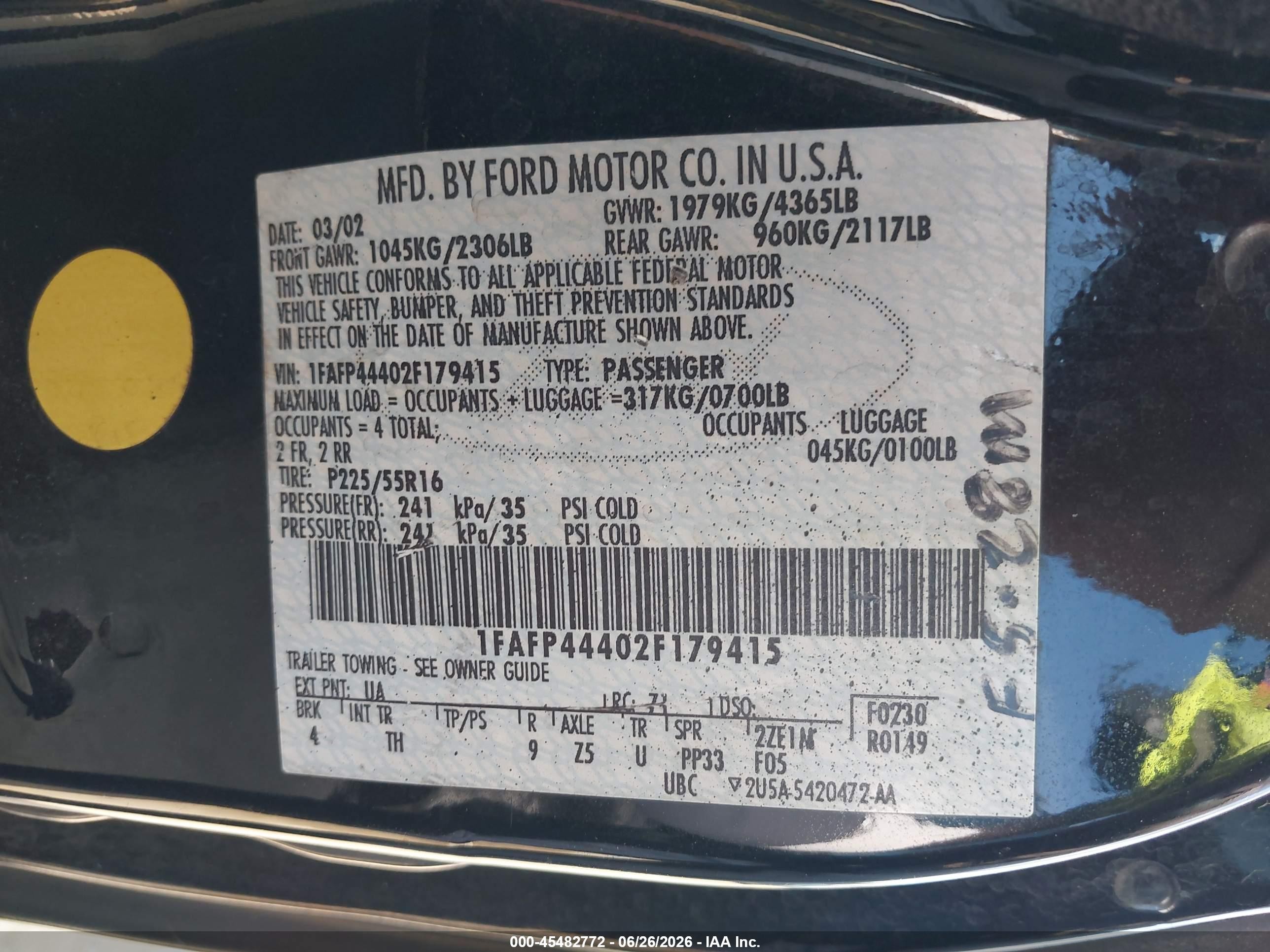2002 Ford Mustang Deluxe/premium Black vin: 1FAFP44402F179415