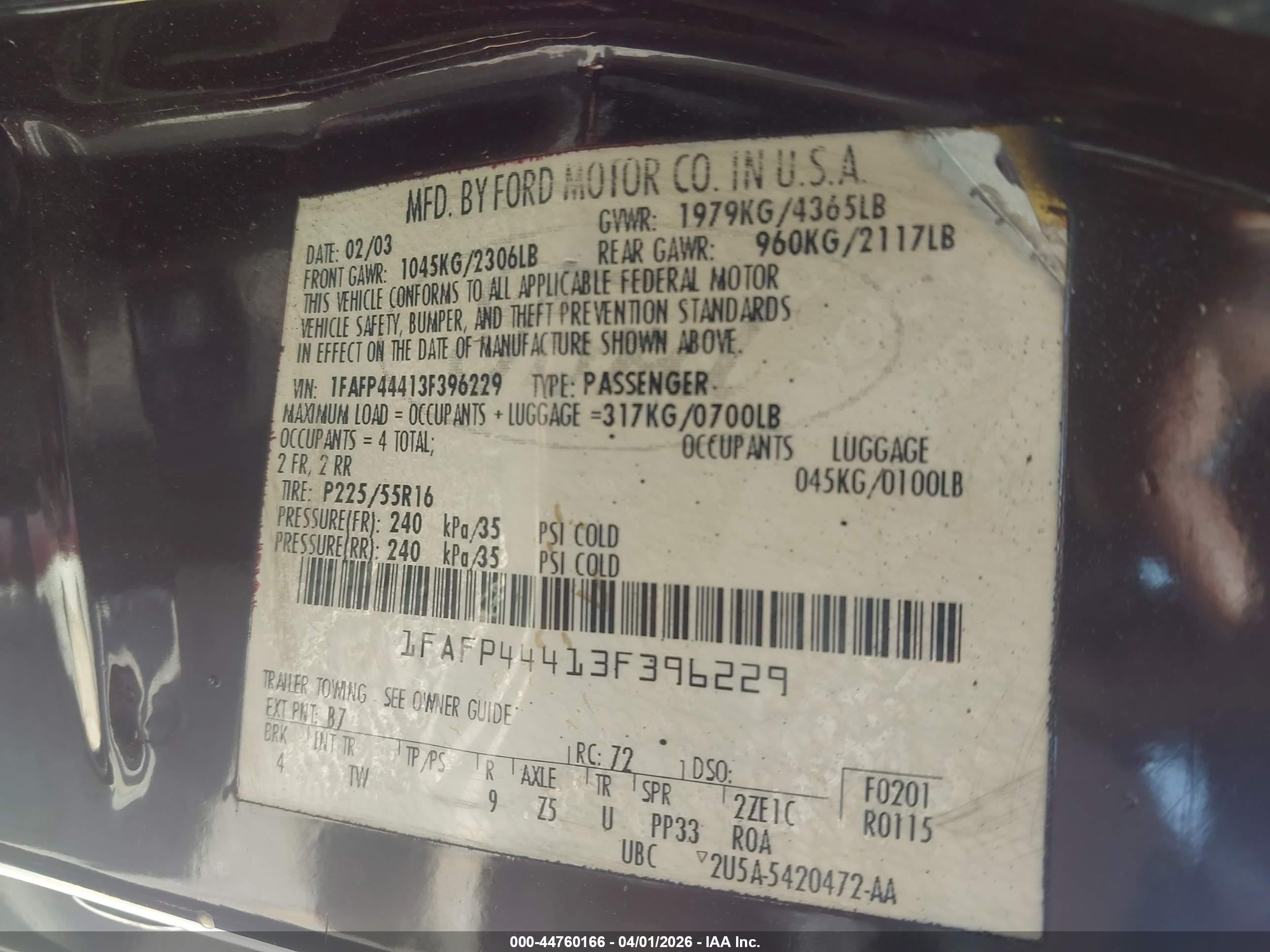 2003 Ford Mustang   Maroon vin: 1FAFP44413F396229