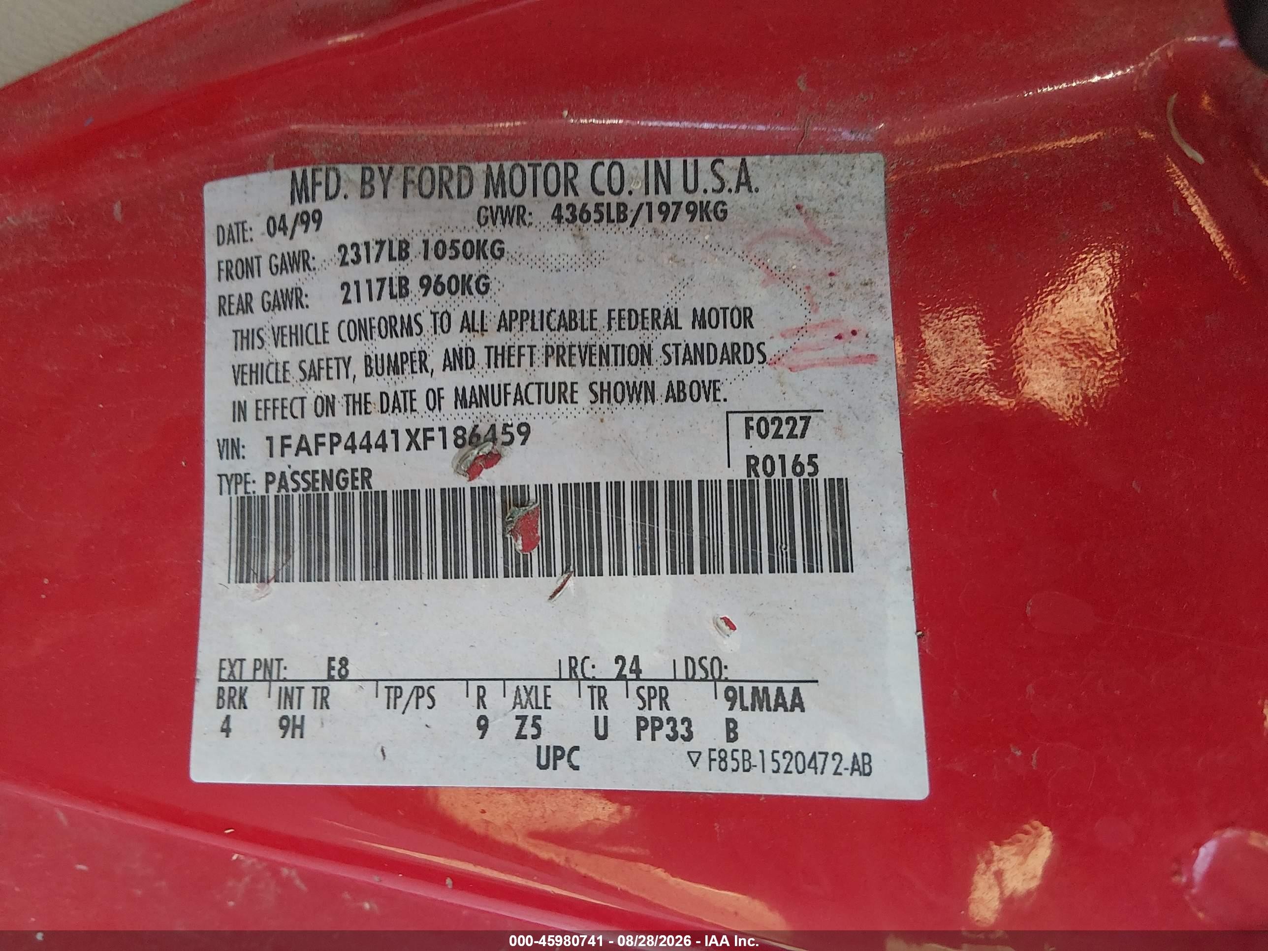 1999 Ford Mustang   Red vin: 1FAFP4441XF186459