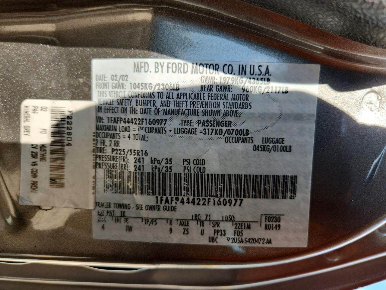 2002 Ford Mustang Gray vin: 1FAFP44422F160977