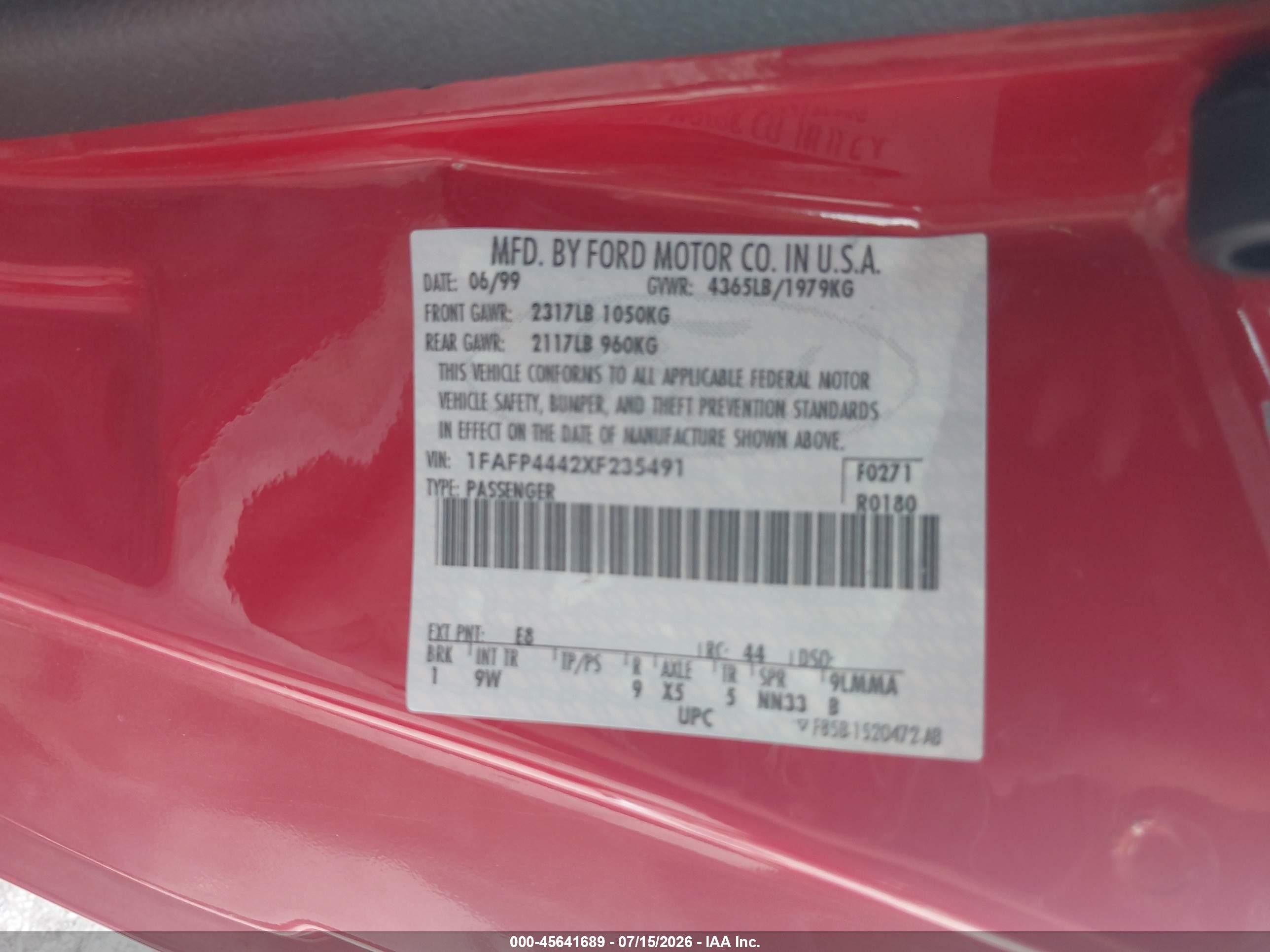 1999 Ford Mustang   Red vin: 1FAFP4442XF235491