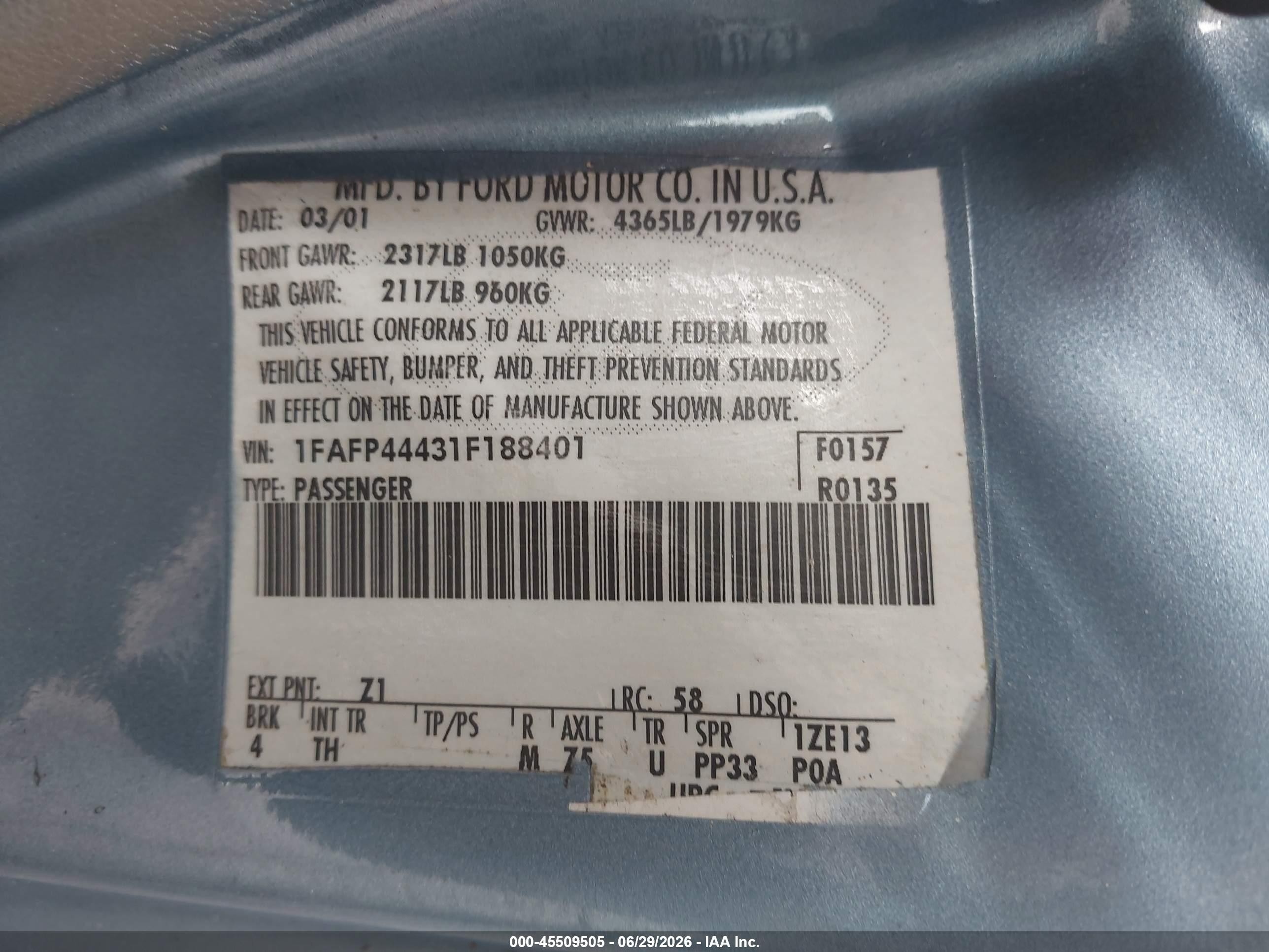 2001 Ford Mustang   Blue vin: 1FAFP44431F188401