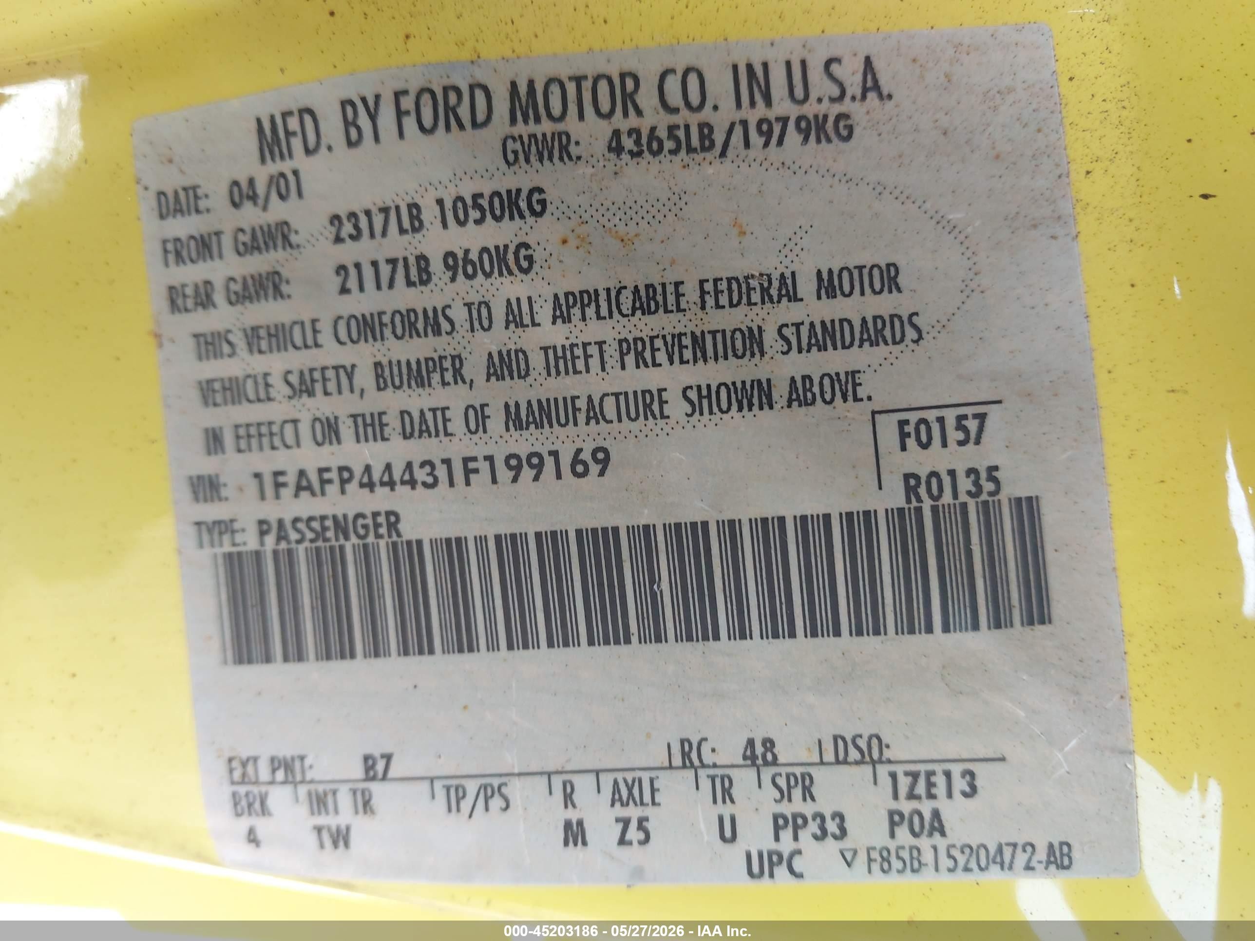 2001 Ford Mustang   Yellow vin: 1FAFP44431F199169