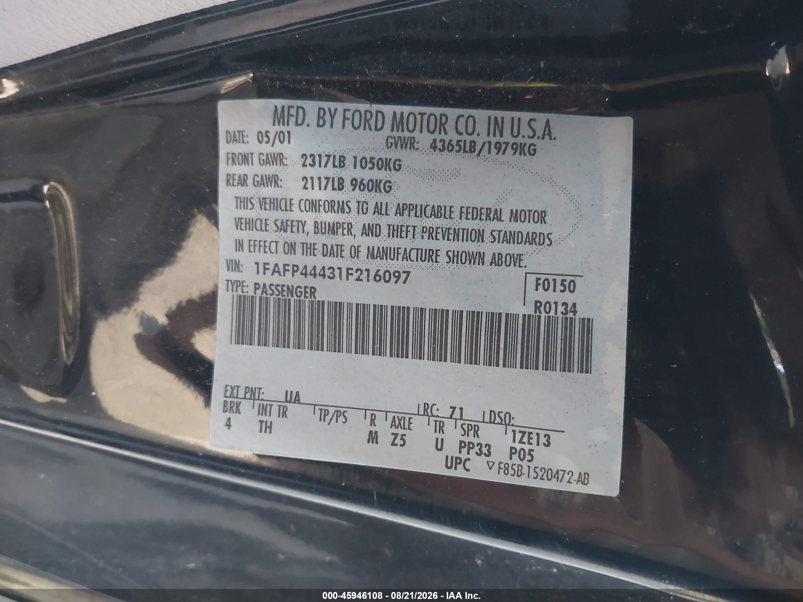 2001 Ford Mustang   Black vin: 1FAFP44431F216097