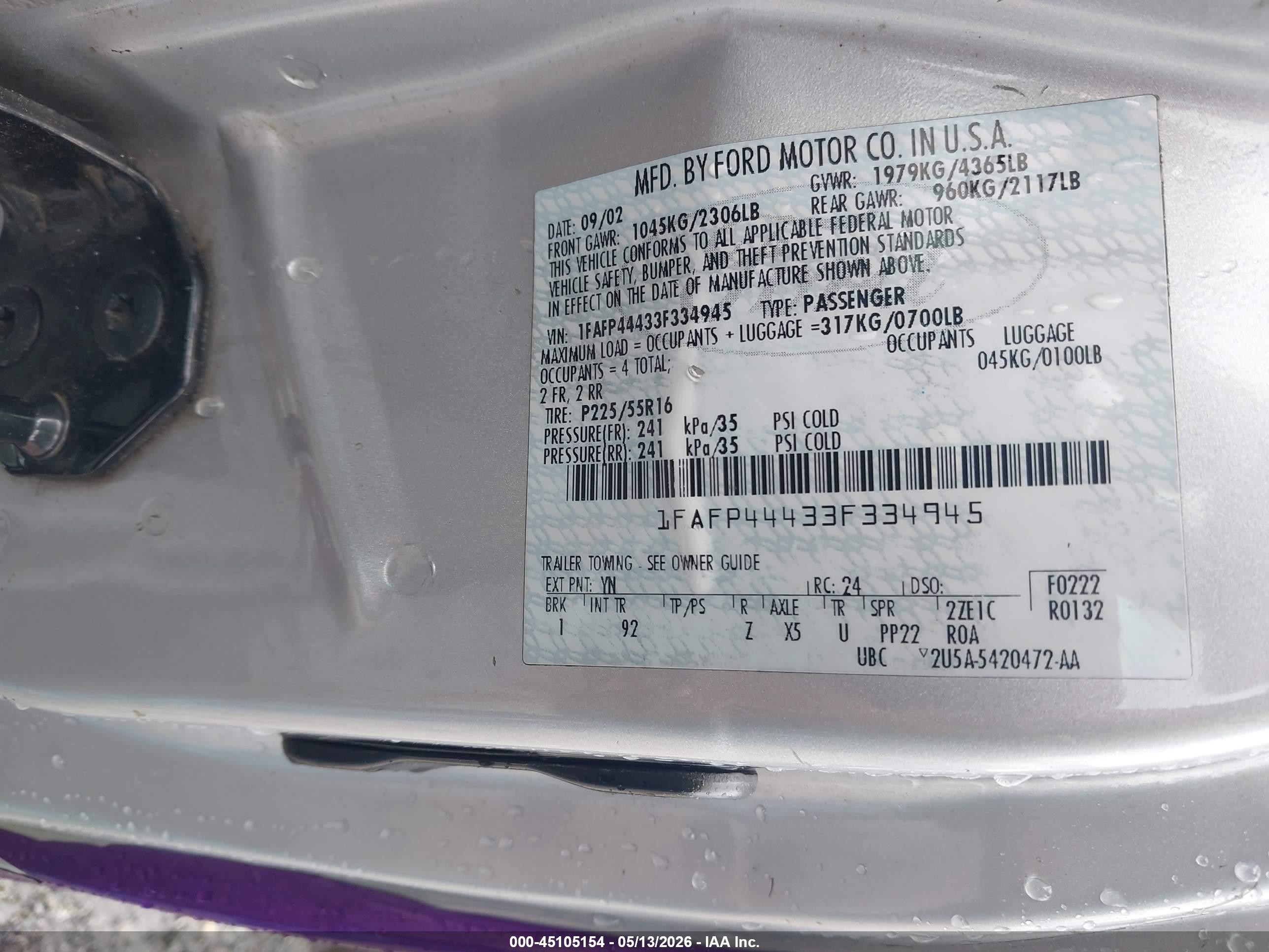 2003 Ford Mustang   Purple vin: 1FAFP44433F334945
