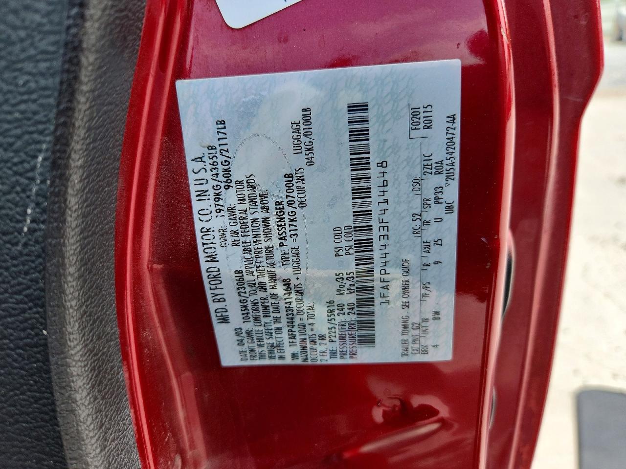 2003 Ford Mustang Red vin: 1FAFP44433F414648