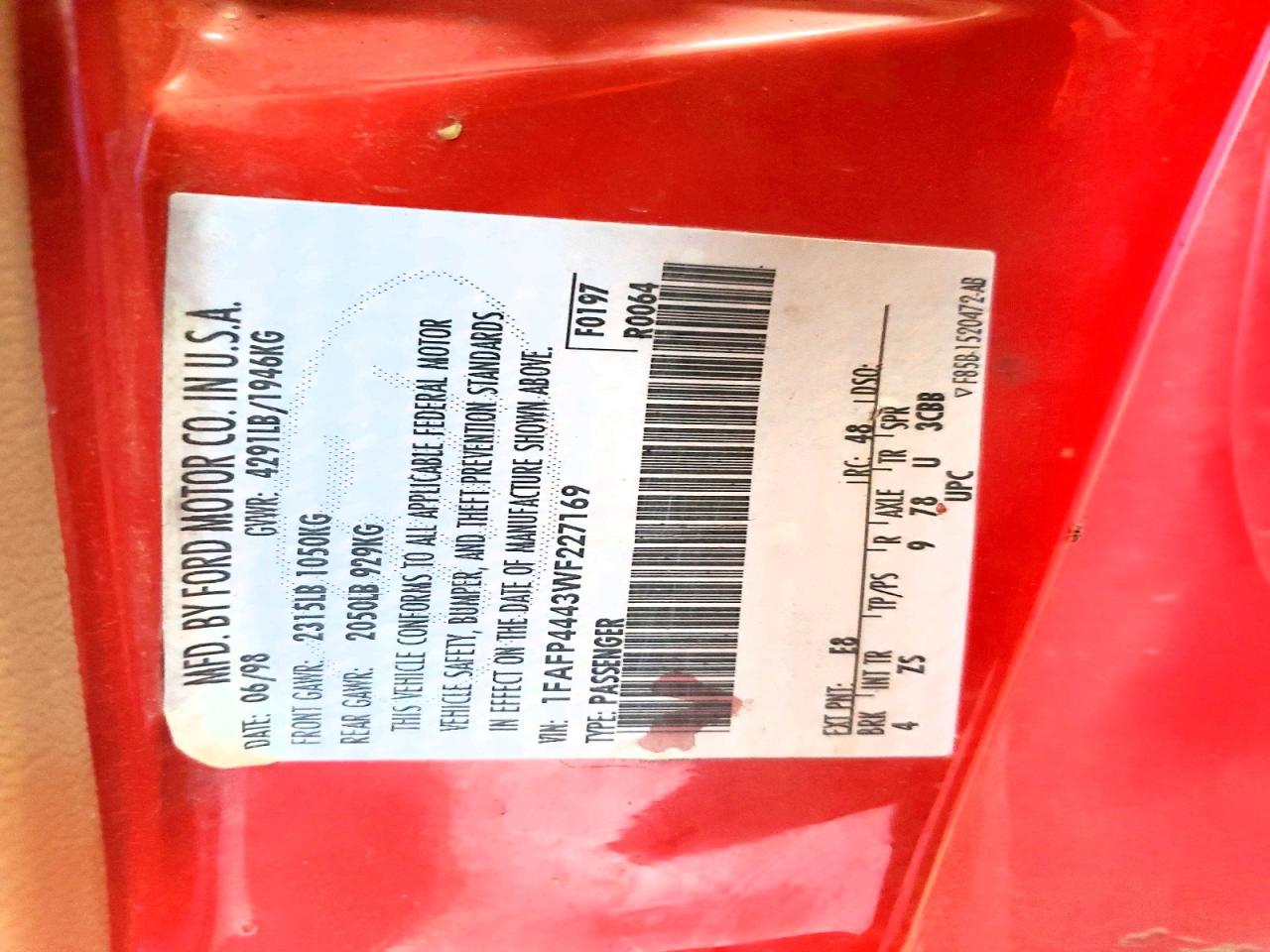 1998 Ford Mustang Red vin: 1FAFP4443WF227169