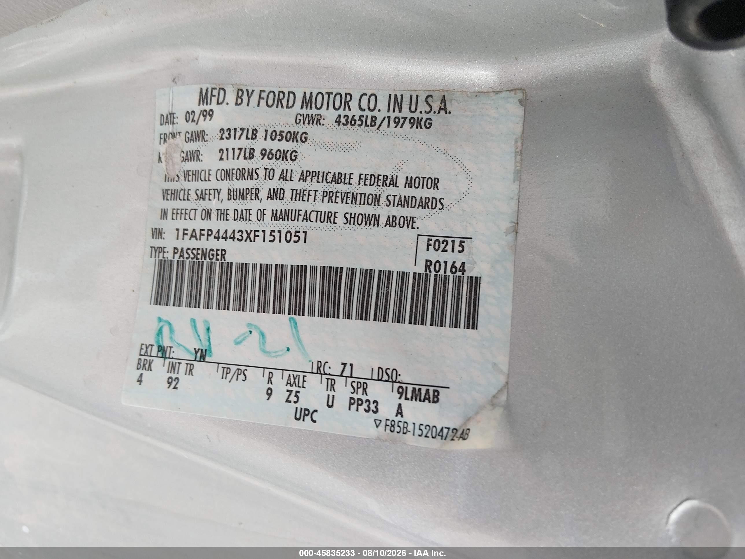 1999 Ford Mustang   Silver vin: 1FAFP4443XF151051