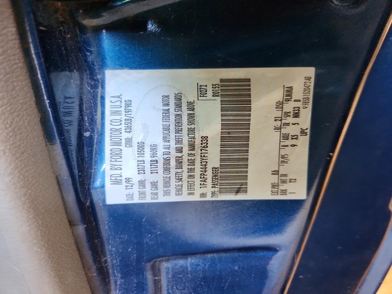 2000 Ford Mustang Blue vin: 1FAFP4443YF176338