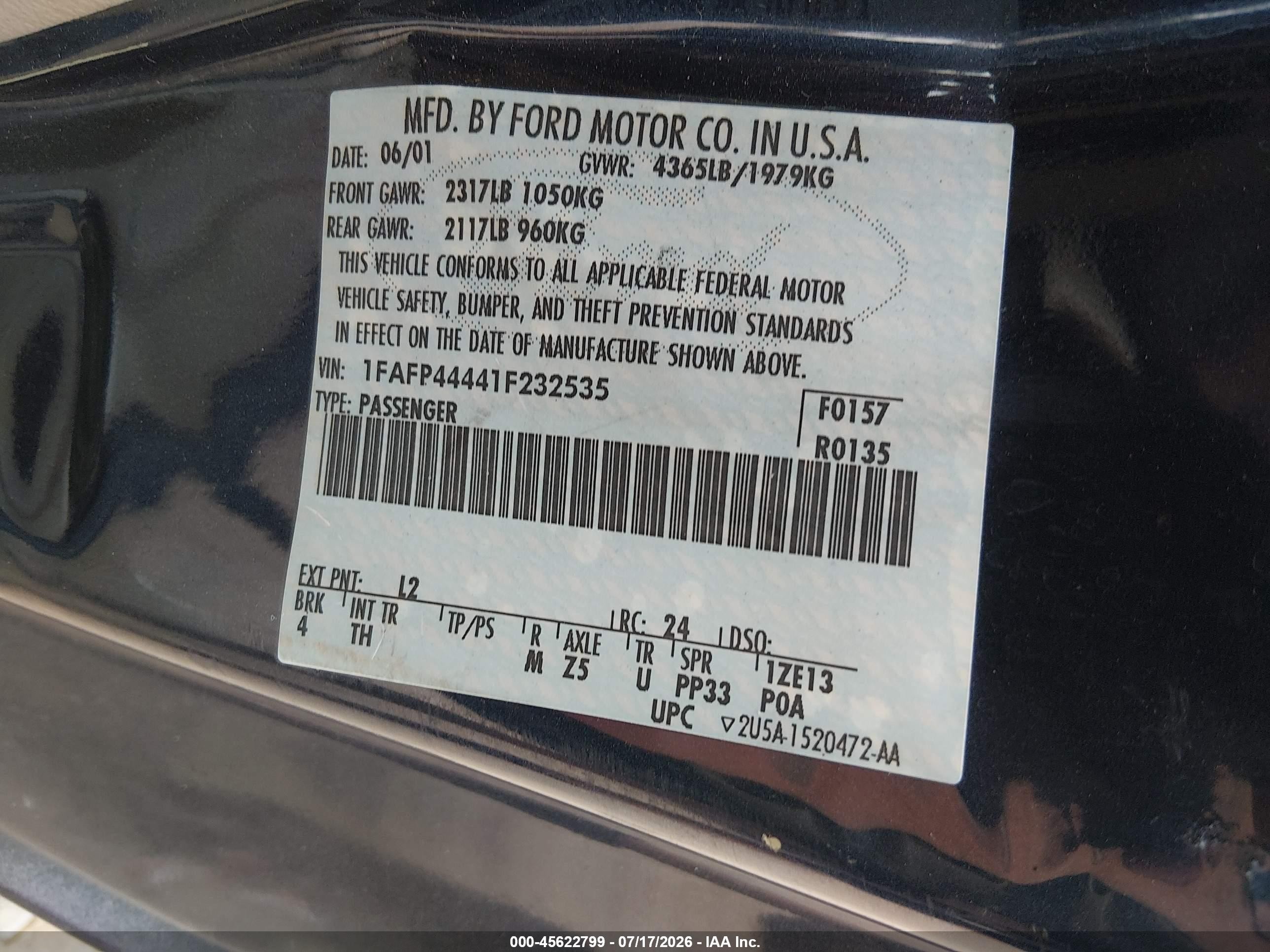 2001 Ford Mustang   Blue vin: 1FAFP44441F232535