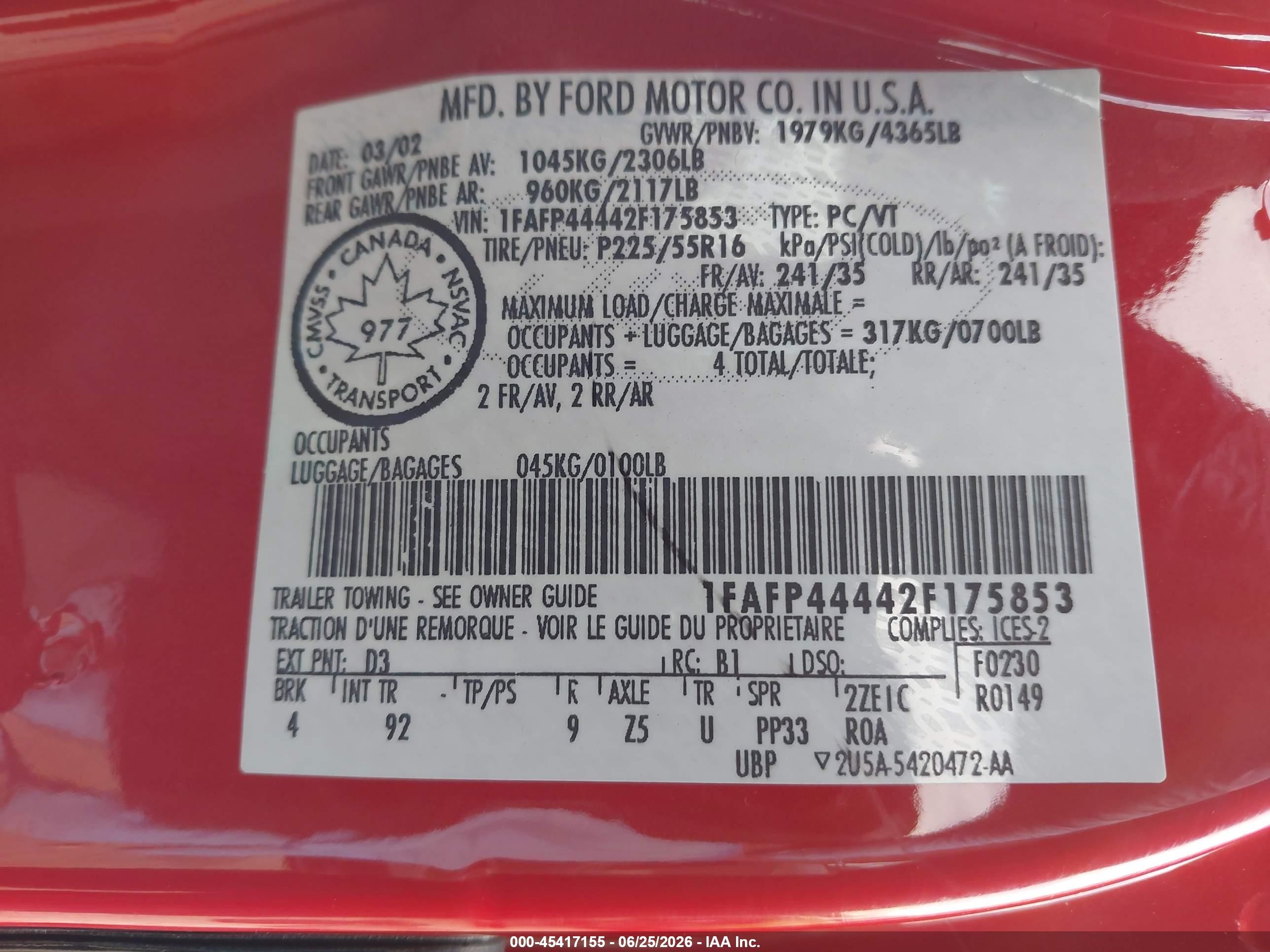 2002 Ford Mustang Deluxe/premium Red vin: 1FAFP44442F175853