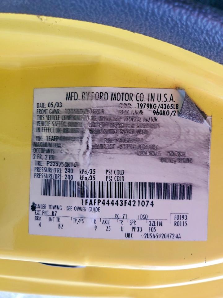2003 Ford Mustang Yellow vin: 1FAFP44443F421074