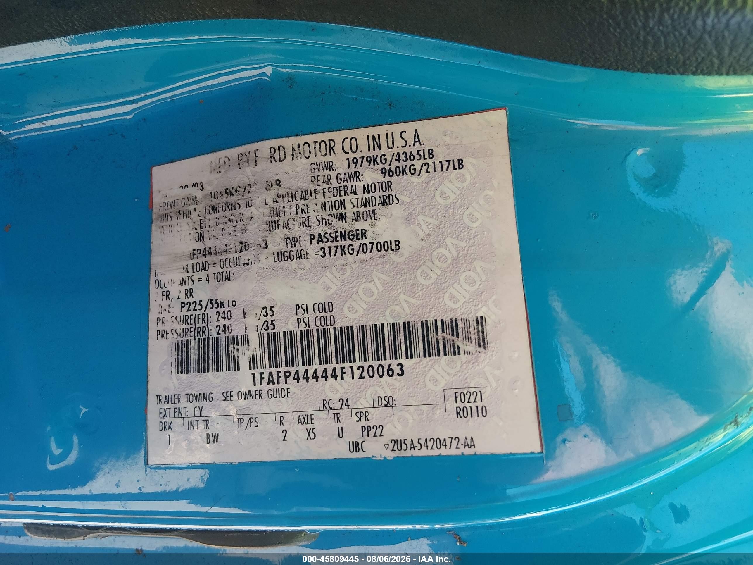 2004 Ford Mustang   Blue vin: 1FAFP44444F120063