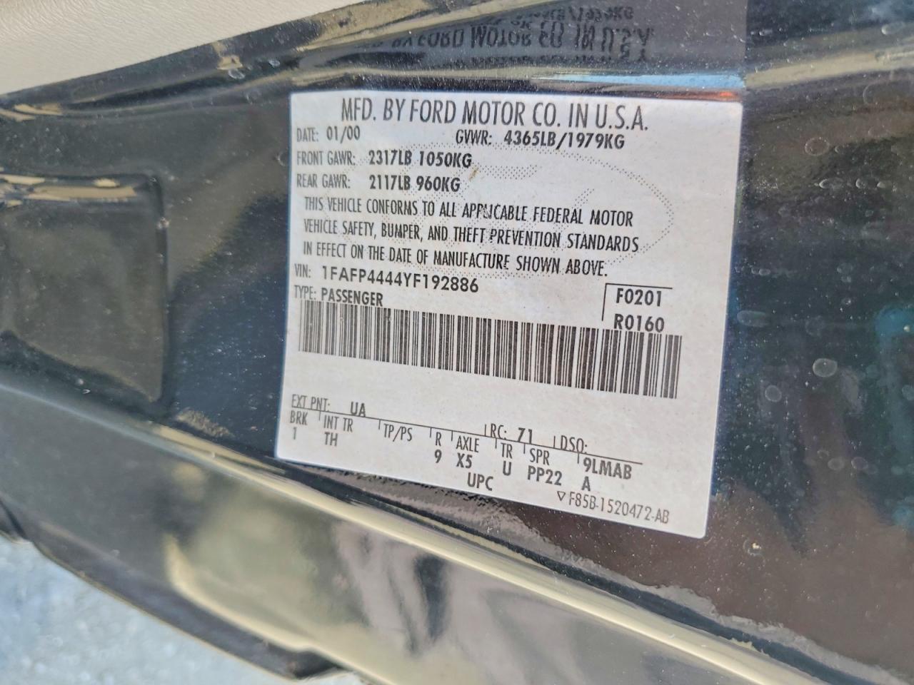 2000 Ford Mustang Black vin: 1FAFP4444YF192886