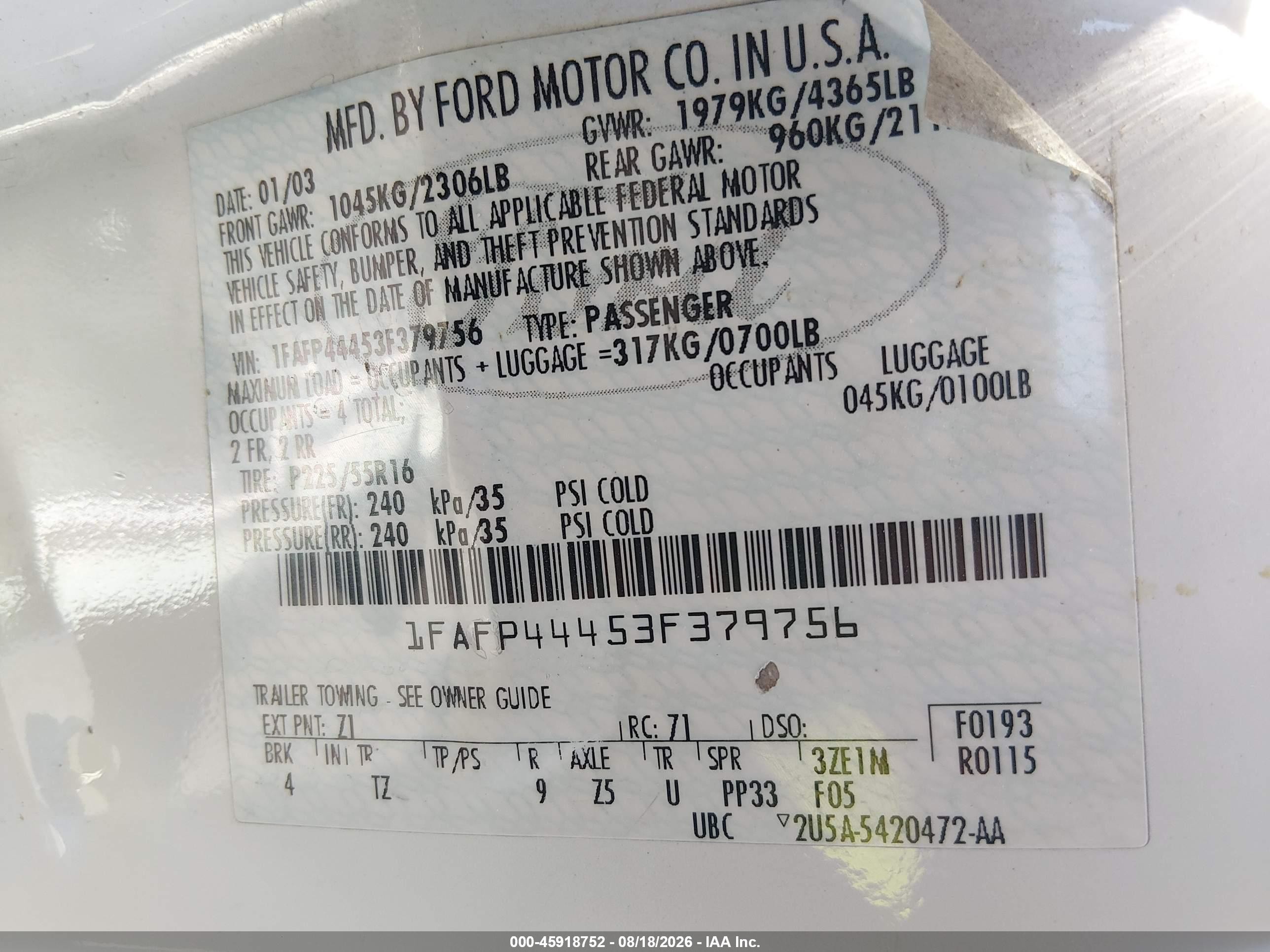 2003 Ford Mustang   Белый vin: 1FAFP44453F379756
