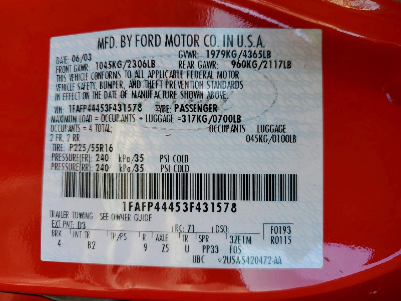 2003 Ford Mustang Red vin: 1FAFP44453F431578