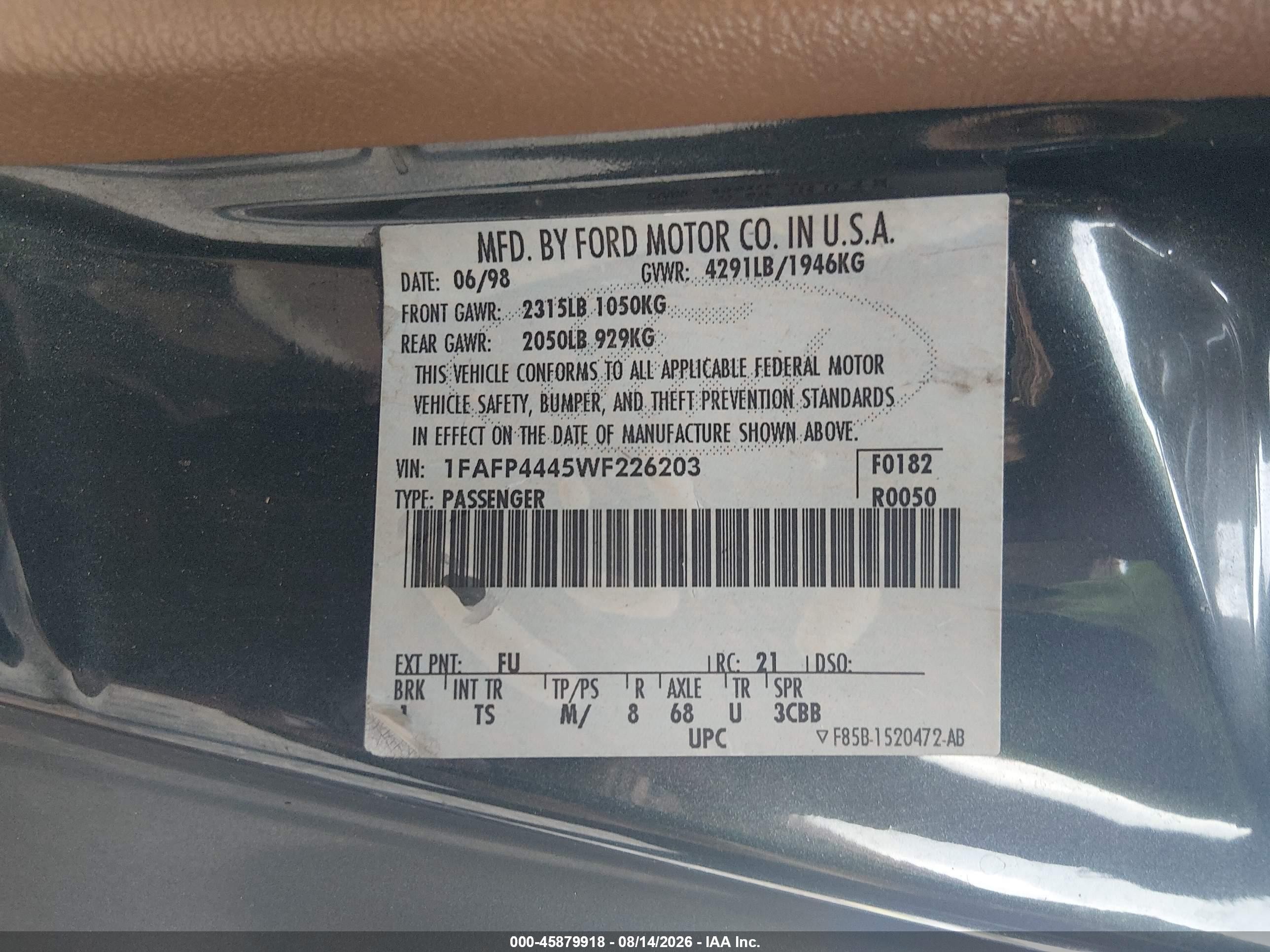 1998 Ford Mustang   Серый vin: 1FAFP4445WF226203