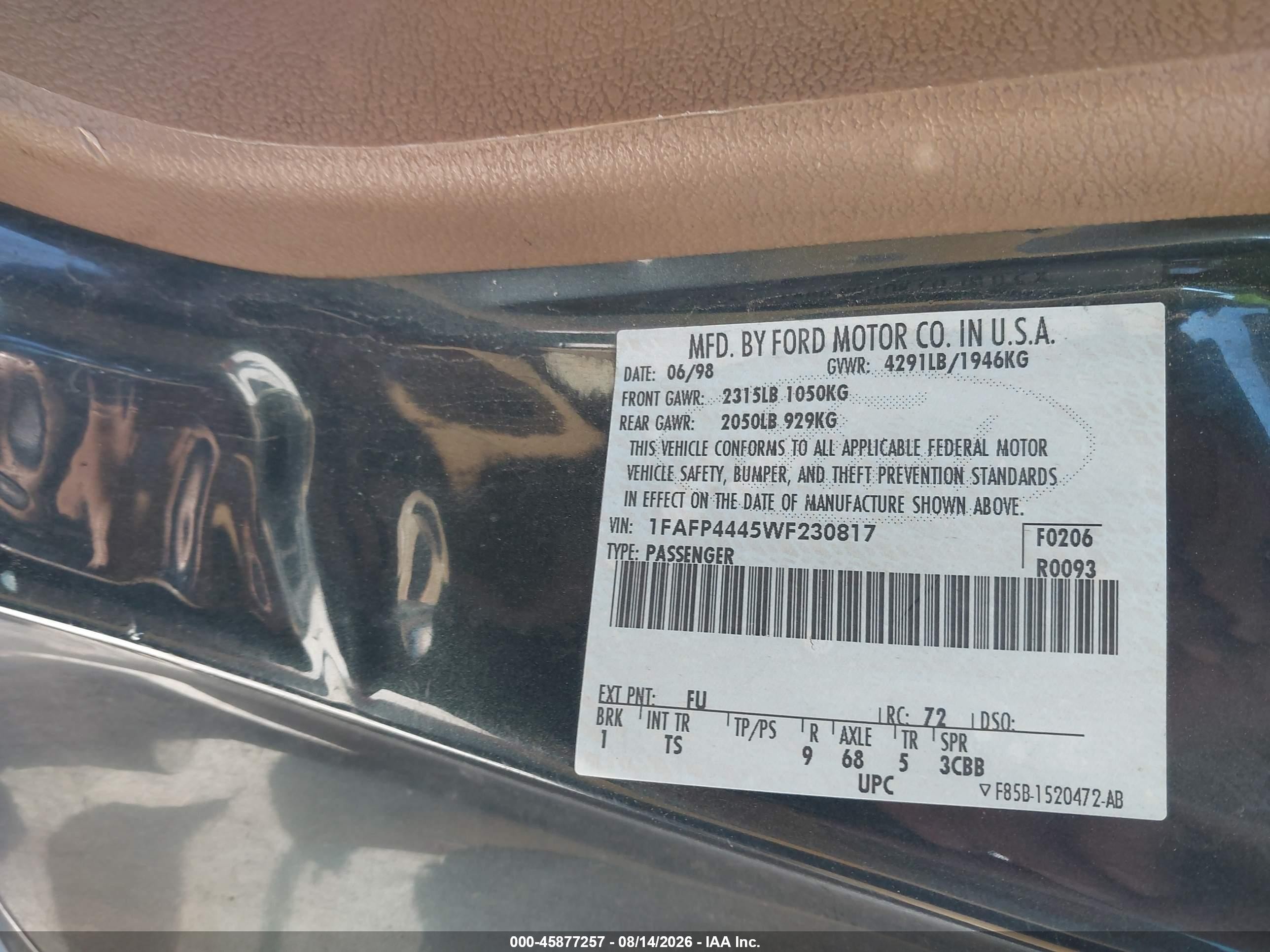 1998 Ford Mustang   Зеленый vin: 1FAFP4445WF230817