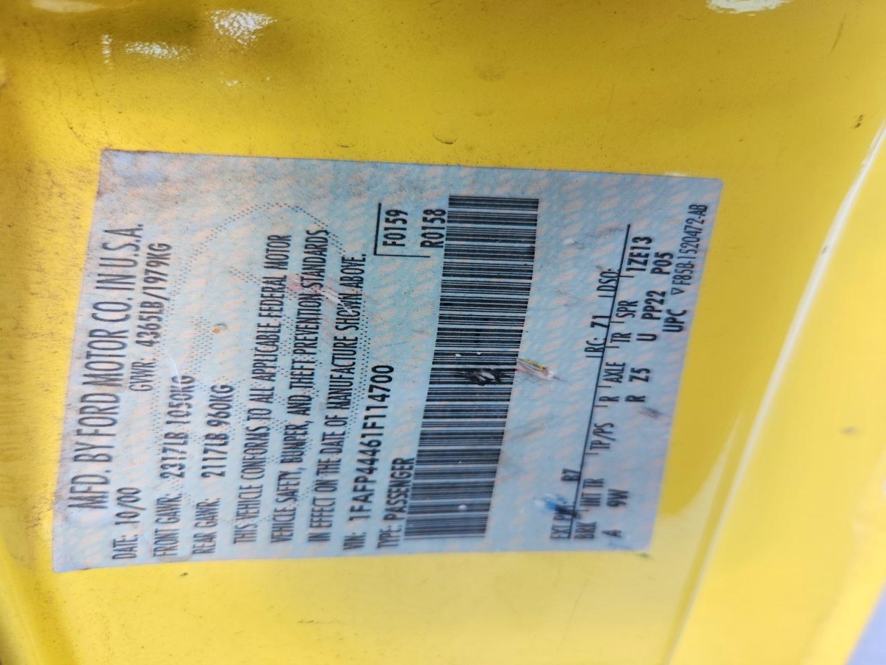 2001 Ford Mustang Yellow vin: 1FAFP44461F114700