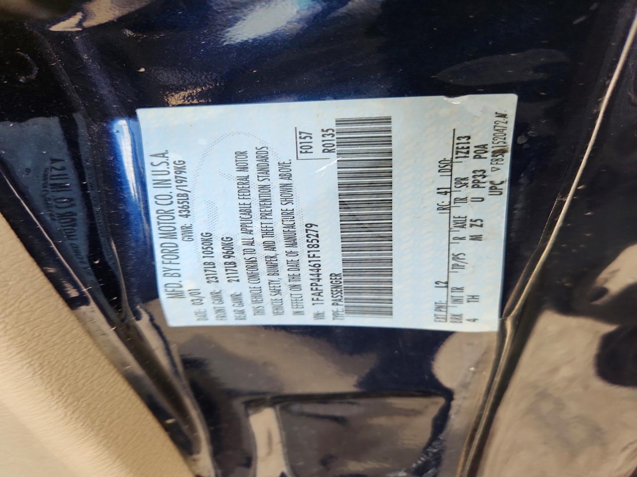 2001 Ford Mustang Blue vin: 1FAFP44461F185279