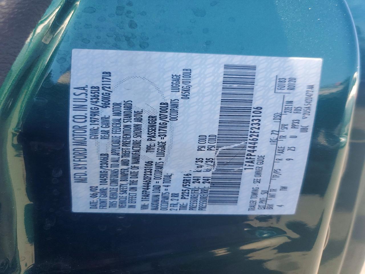 2002 Ford Mustang Green vin: 1FAFP44462F233106