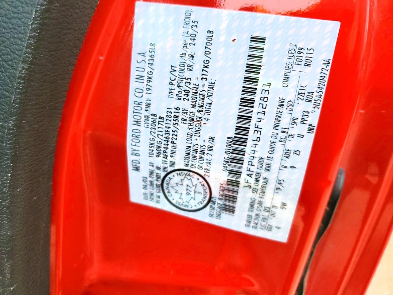 2003 Ford Mustang Red vin: 1FAFP44463F412831