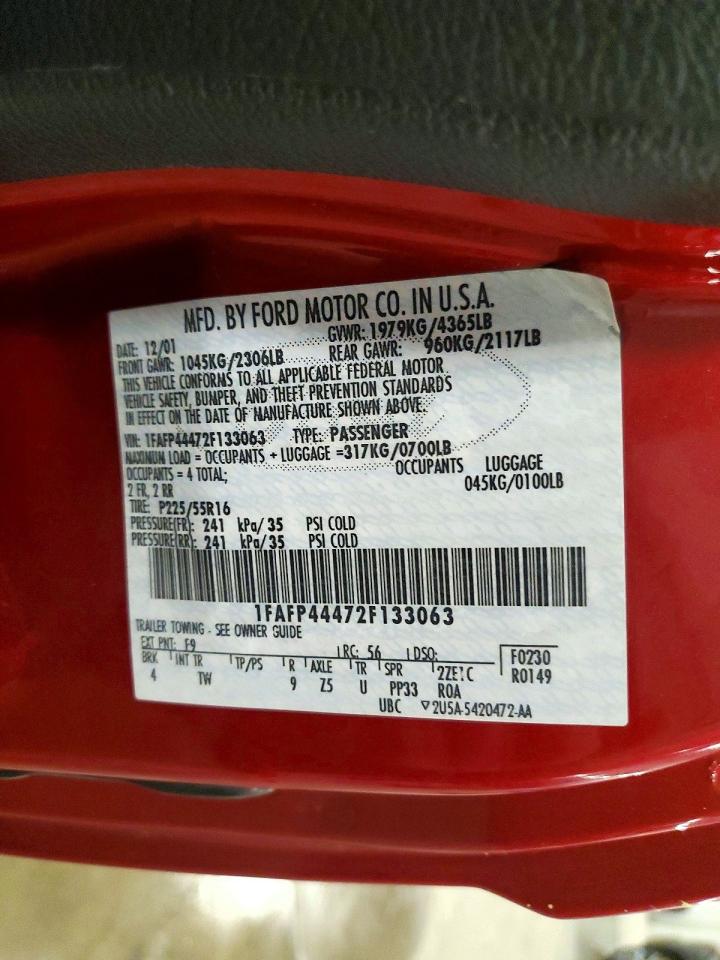 2002 Ford Mustang Red vin: 1FAFP44472F133063