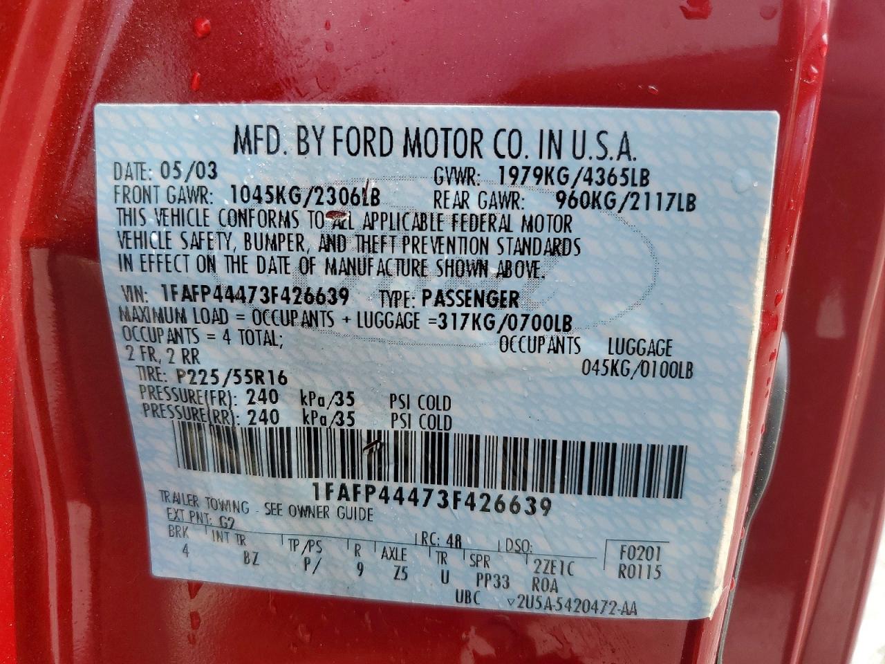 2003 Ford Mustang Red vin: 1FAFP44473F426639