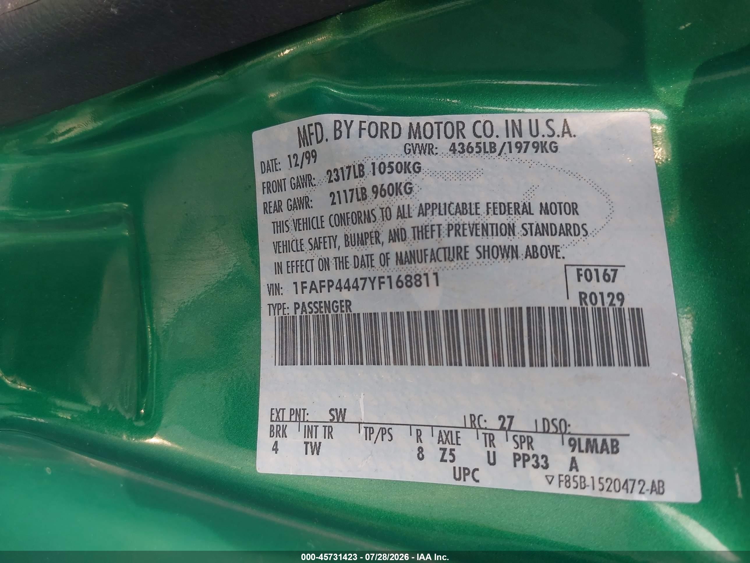 2000 Ford Mustang   Green vin: 1FAFP4447YF168811