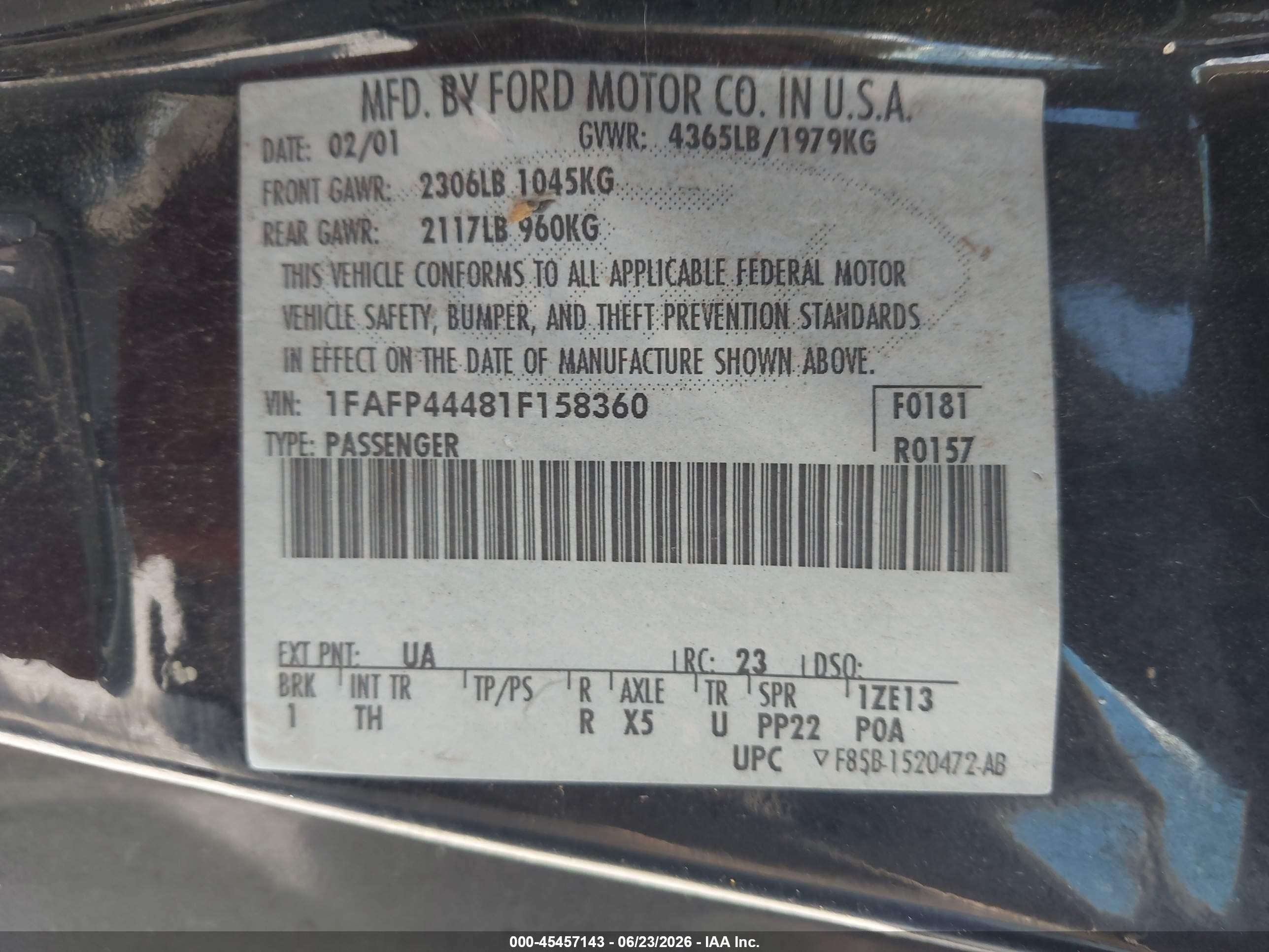 2001 Ford Mustang   Black vin: 1FAFP44481F158360