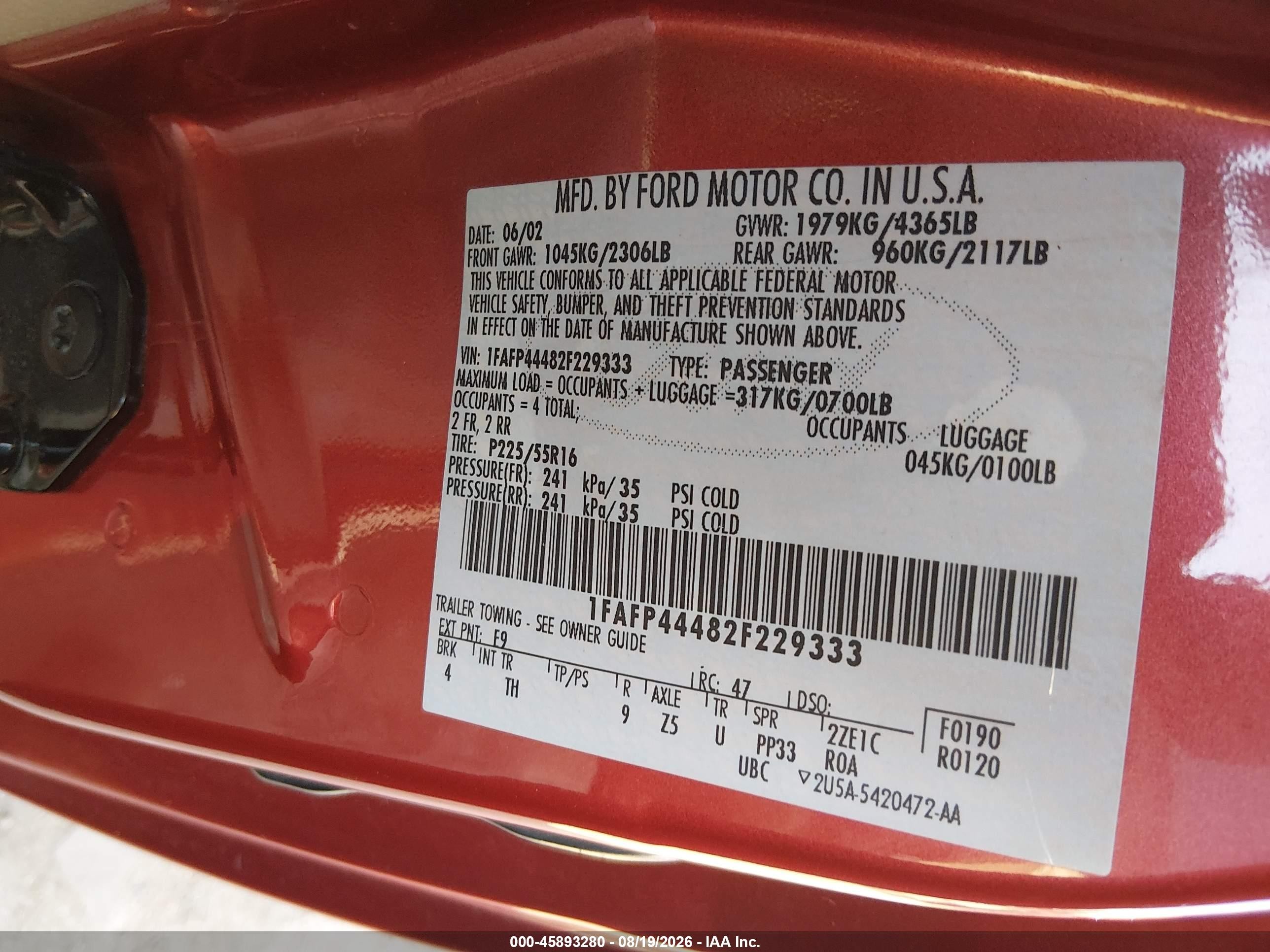2002 Ford Mustang Deluxe/premium Red vin: 1FAFP44482F229333