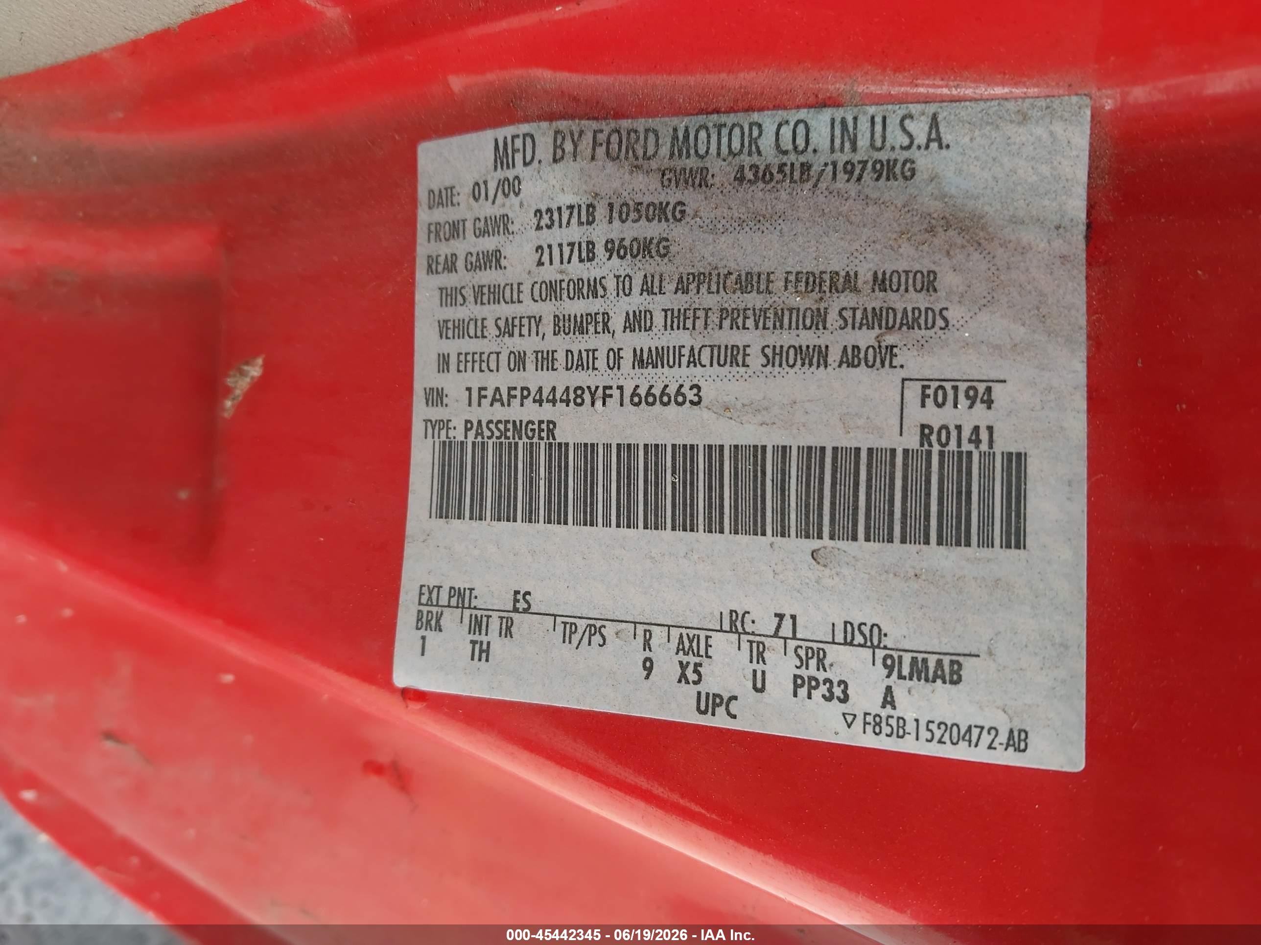 2000 Ford Mustang Red vin: 1FAFP4448YF166663