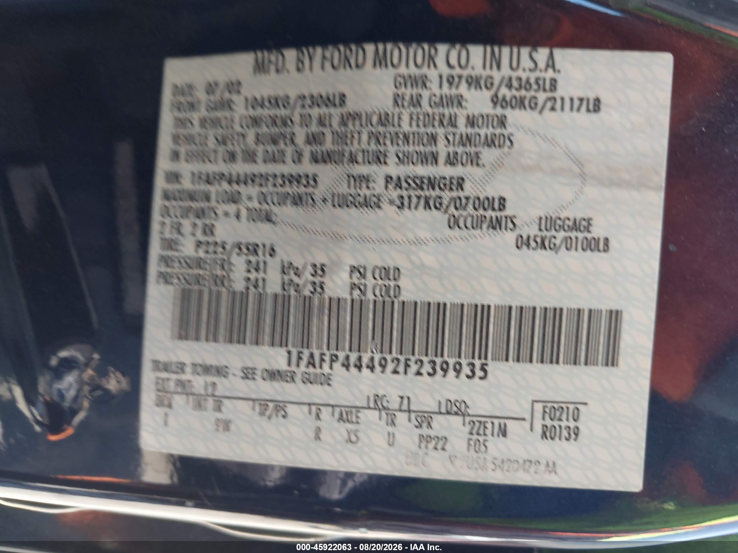 2002 Ford Mustang Deluxe/premium Blue vin: 1FAFP44492F239935