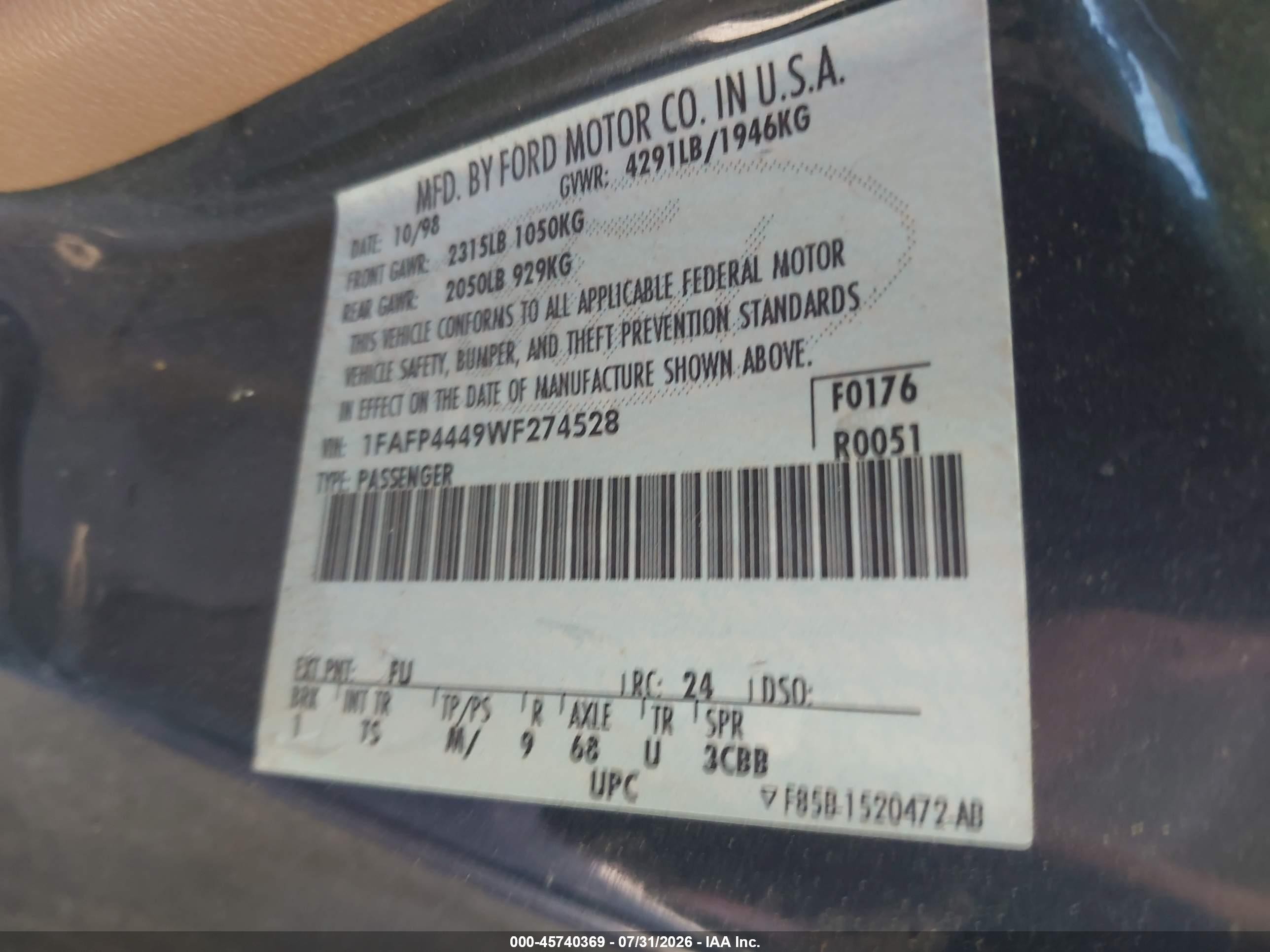 1998 Ford Mustang   Purple vin: 1FAFP4449WF274528